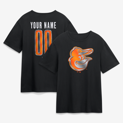 Baltimore Orioles  Metallic Mascot Personalized Name & Number T-Shirt - Black
