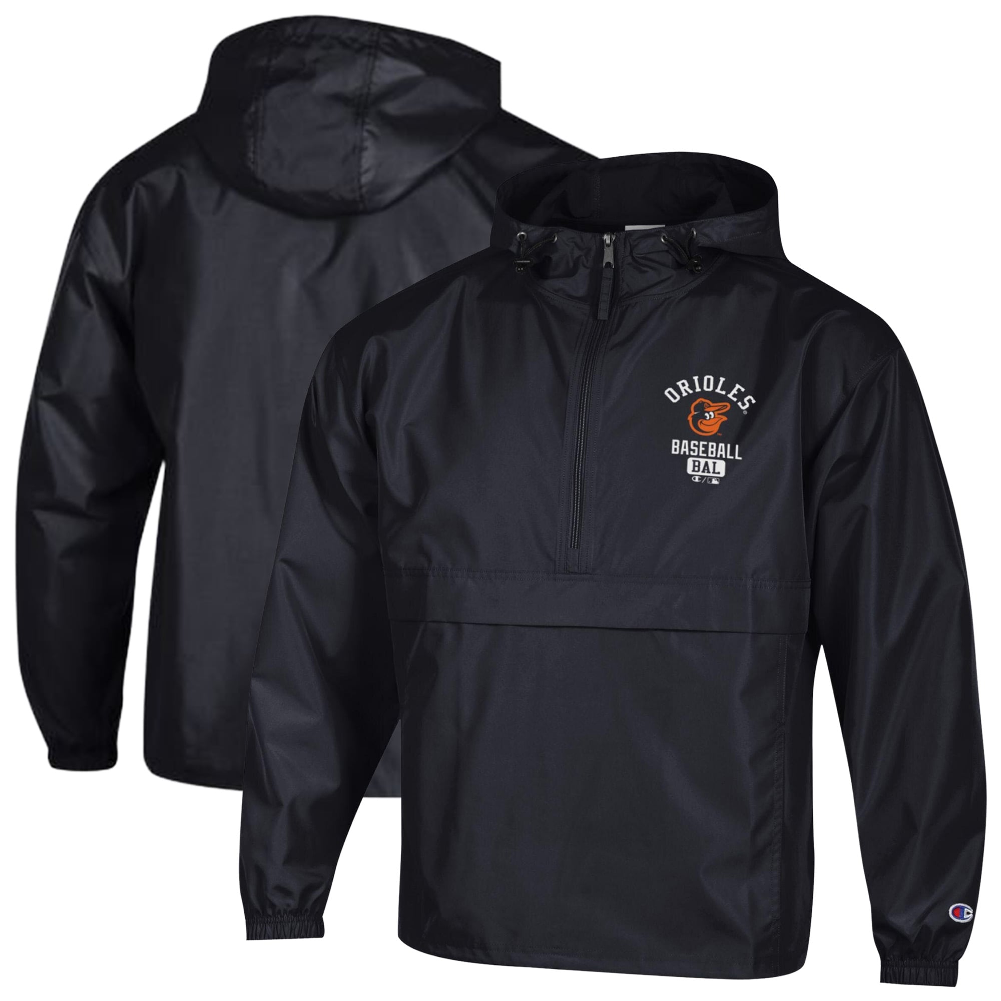 Men's Champion Black Baltimore Orioles Packable Windbreaker Half-Zip Jacket