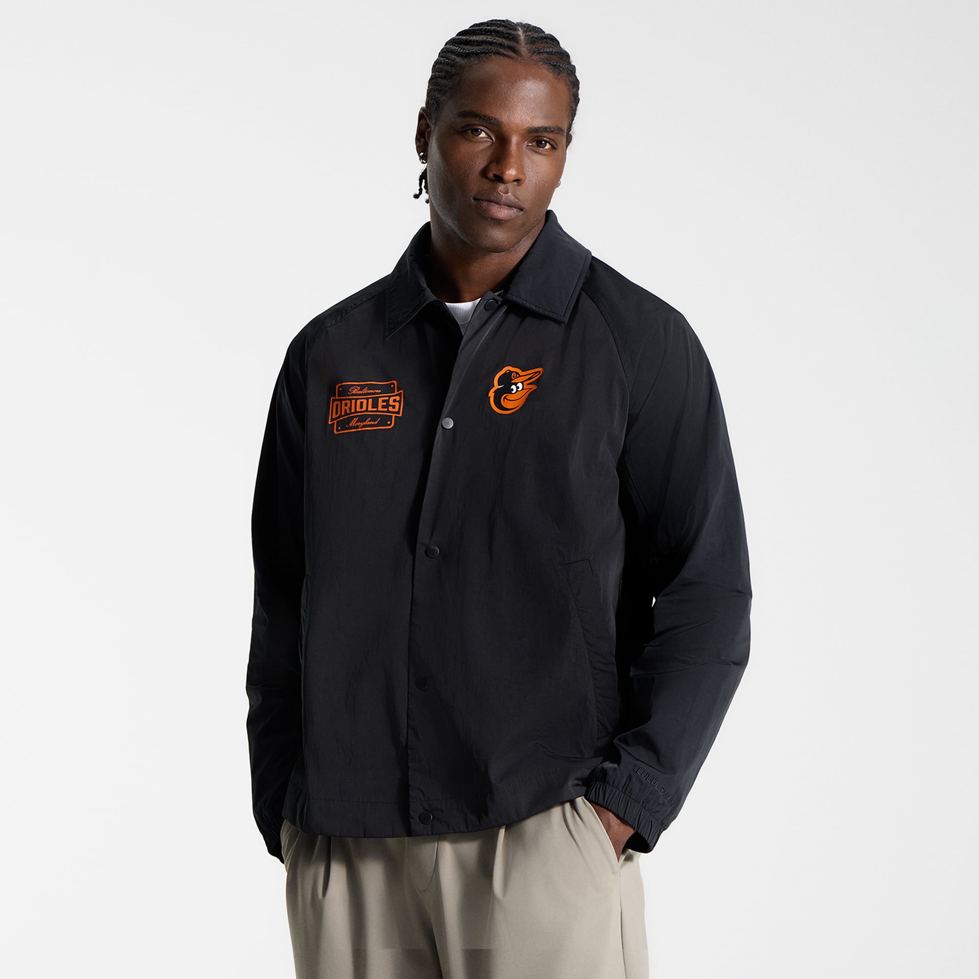 Veste de coach raglan noire Baltimore Orioles lululemon pour homme