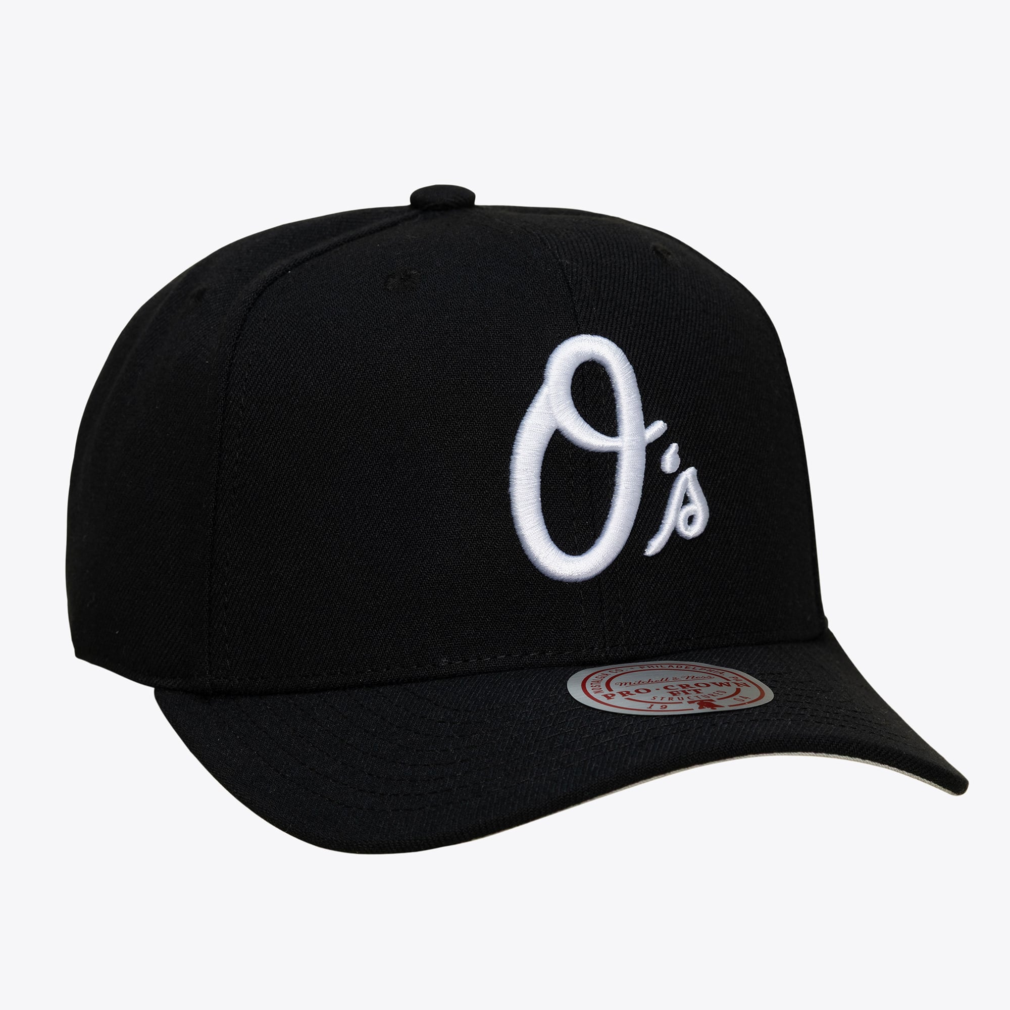 Casquette Mitchell & Ness Pro Crown noire et blanche pour homme, modèle Baltimore Orioles.