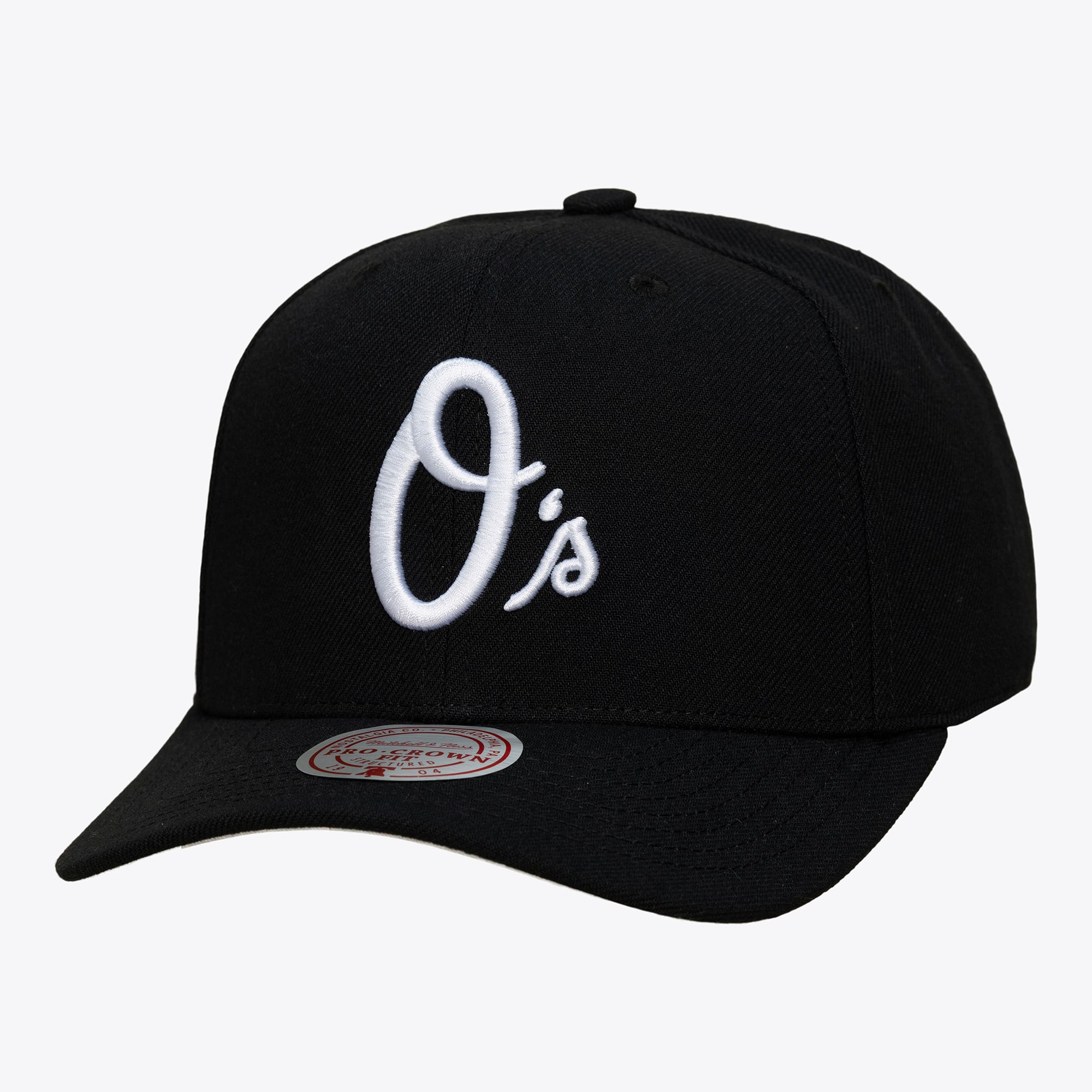 Casquette Mitchell & Ness Pro Crown noire et blanche pour homme, modèle Baltimore Orioles.