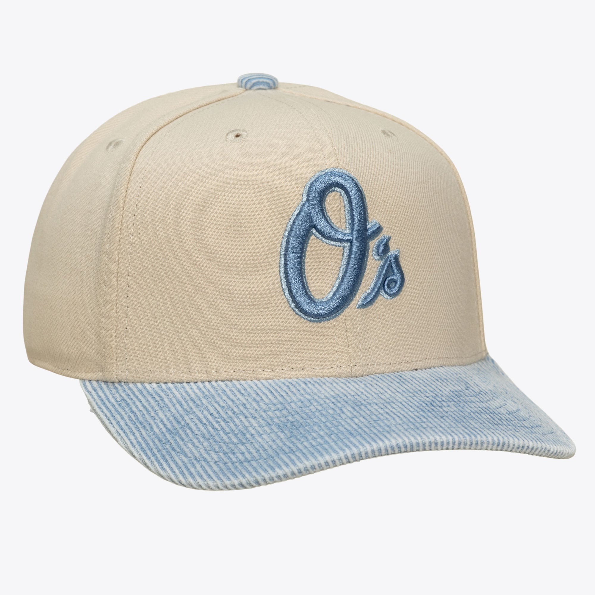 Casquette Mitchell & Ness Pro Crown Snapback crème/bleu clair pour homme, modèle Baltimore Orioles.