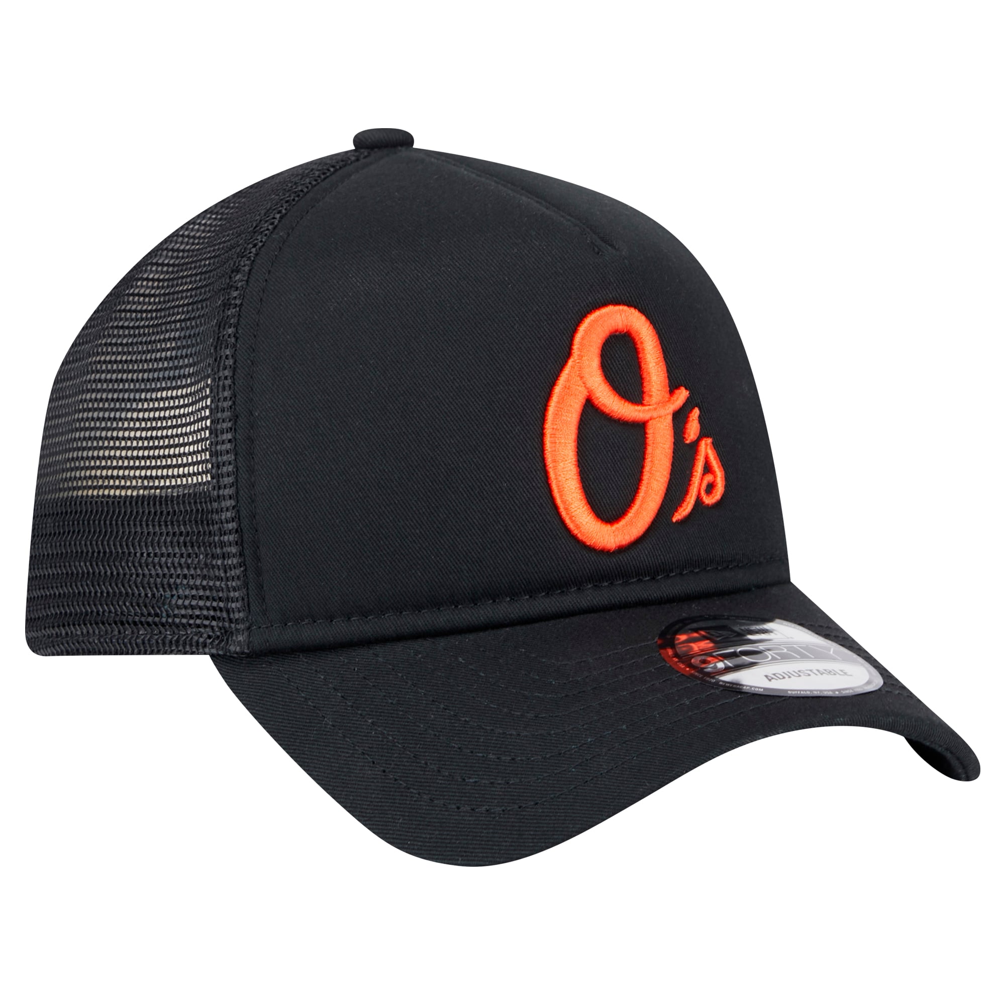 Men's New Era Black Baltimore Orioles 9FORTY A-Frame Trucker Adjustable Hat