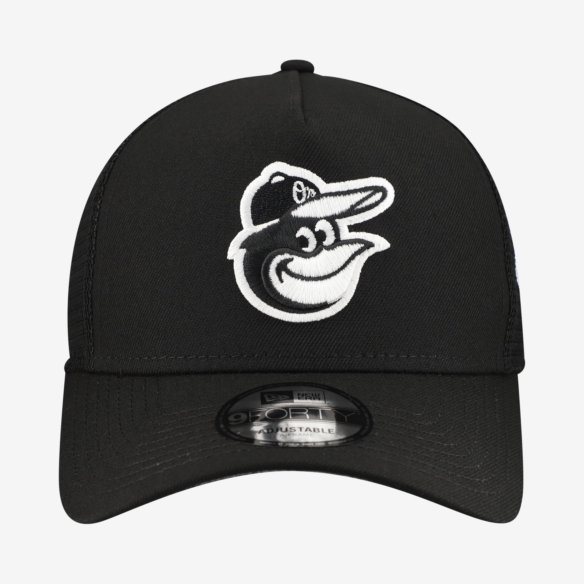 Men's New Era Black Baltimore Orioles Side Script 9FORTY A-Frame Trucker Adjustable Hat