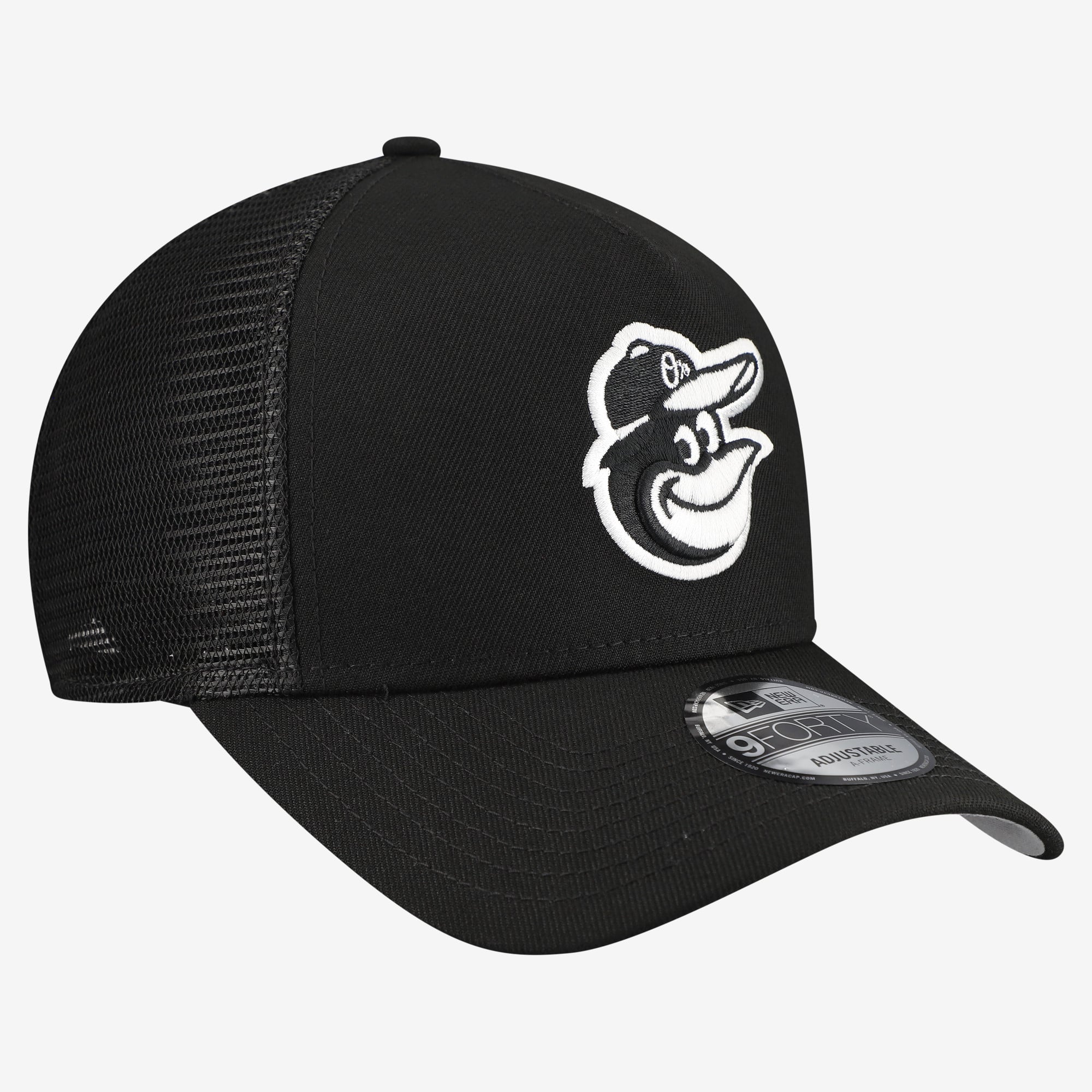 Men's New Era Black Baltimore Orioles Side Script 9FORTY A-Frame Trucker Adjustable Hat
