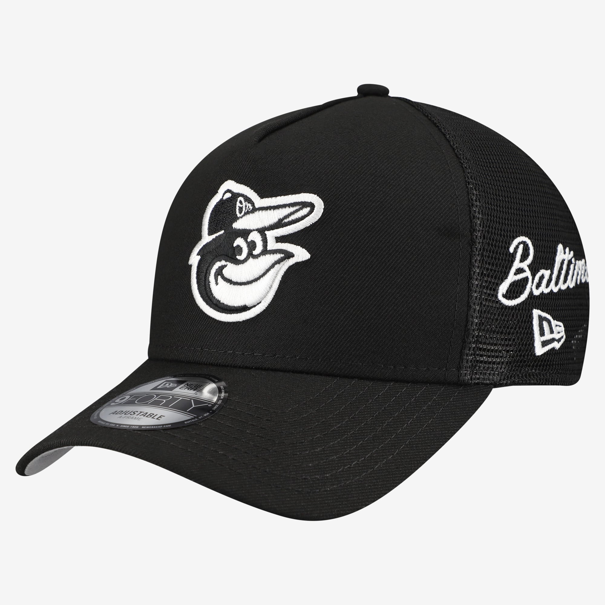 Men's New Era Black Baltimore Orioles Side Script 9FORTY A-Frame Trucker Adjustable Hat