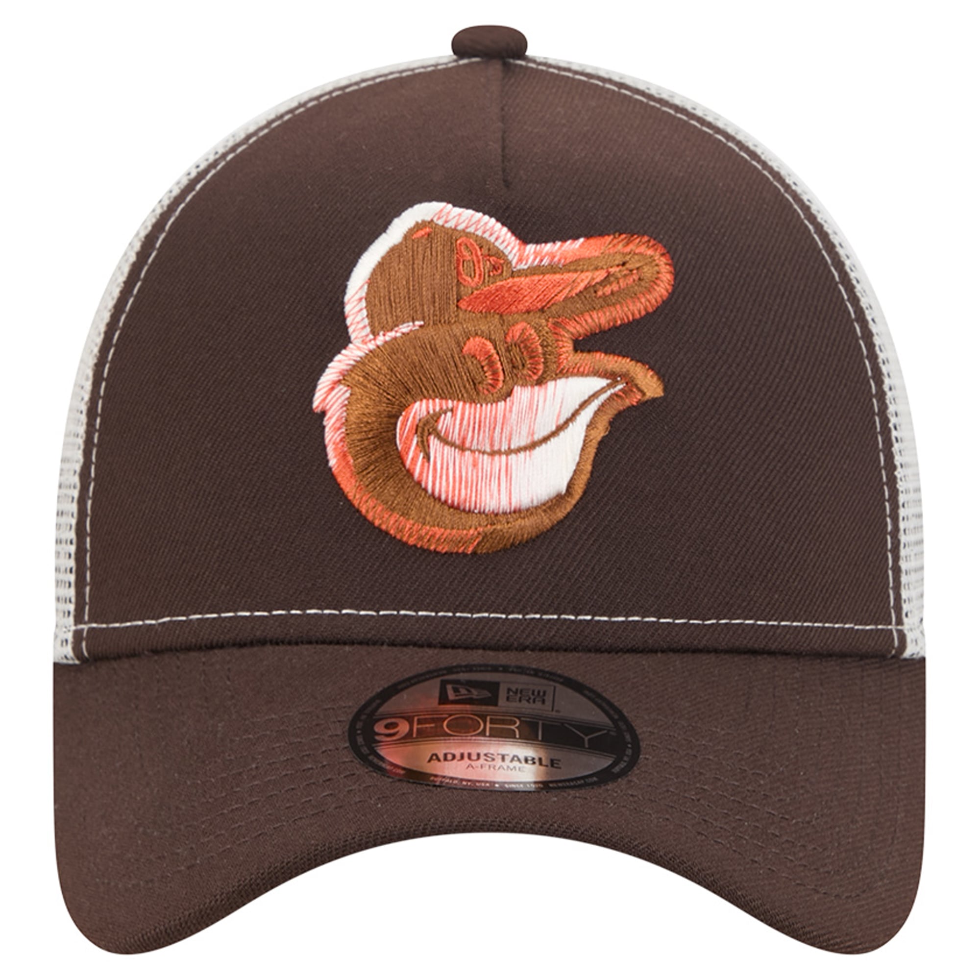 Men's New Era Brown Baltimore Orioles Pumpkin Spice A-Frame 9FORTY Adjustable Trucker Hat