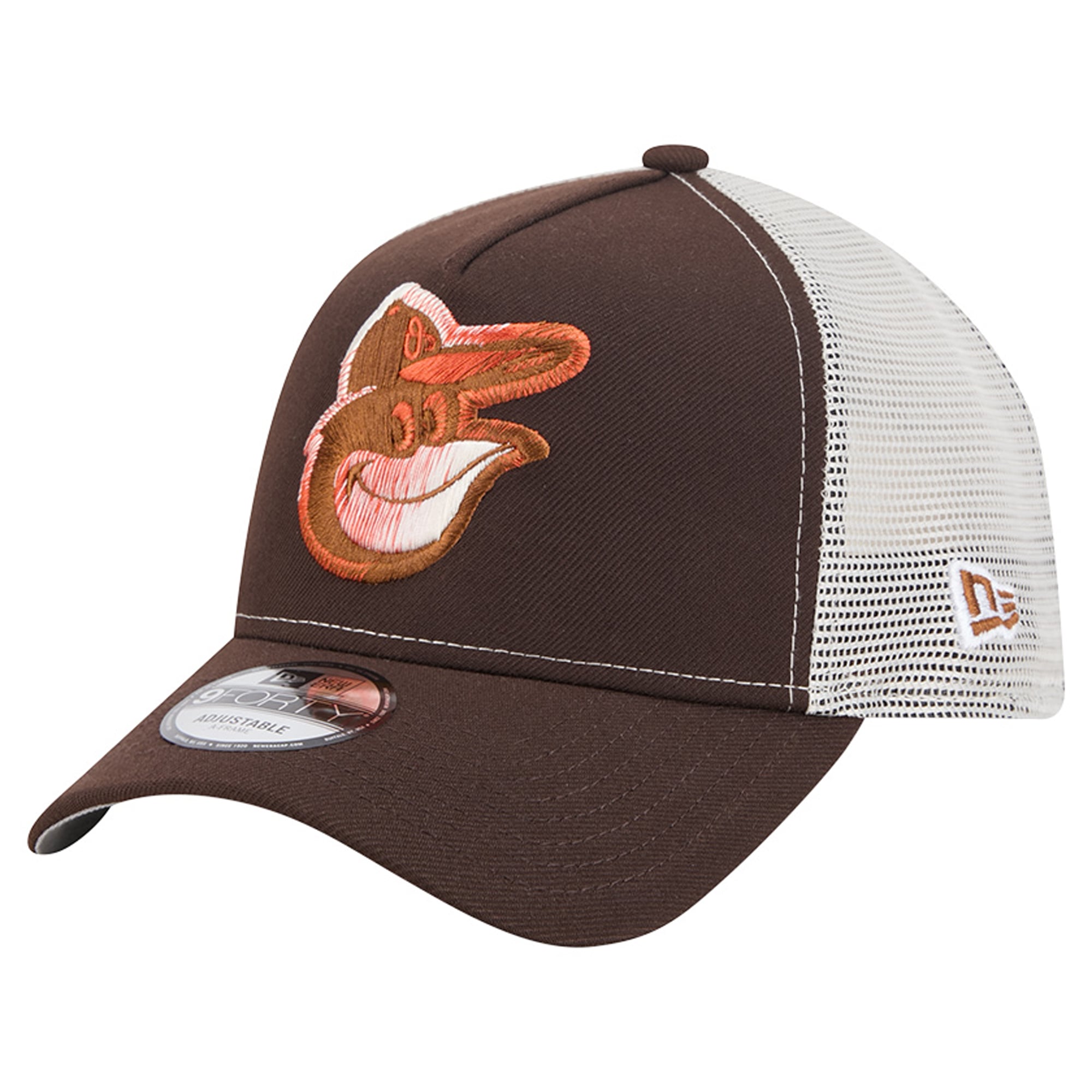 Men's New Era Brown Baltimore Orioles Pumpkin Spice A-Frame 9FORTY Adjustable Trucker Hat
