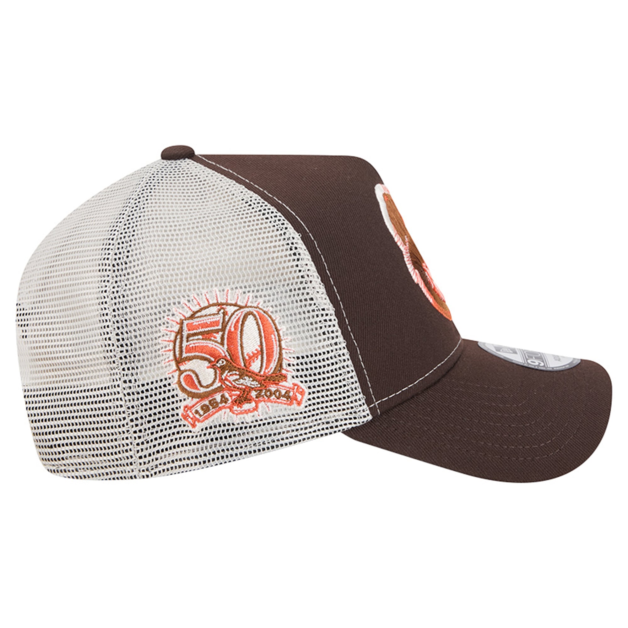 Men's New Era Brown Baltimore Orioles Pumpkin Spice A-Frame 9FORTY Adjustable Trucker Hat