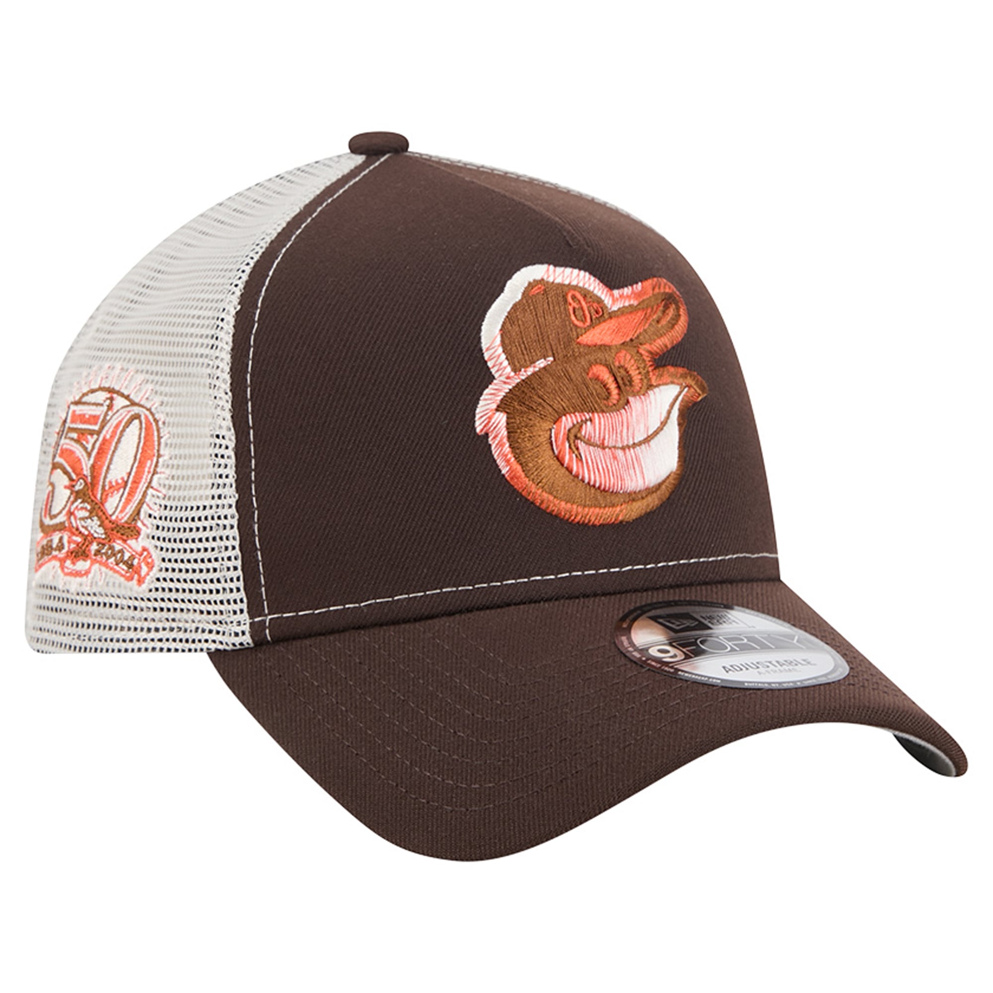 Men's New Era Brown Baltimore Orioles Pumpkin Spice A-Frame 9FORTY Adjustable Trucker Hat