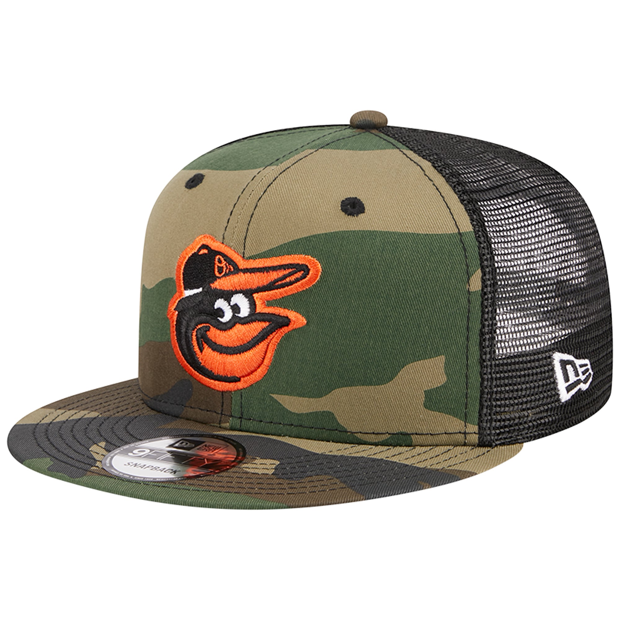 Casquette New Era Camo Baltimore Orioles Woodland Camo Trucker 9FIFTY Snapback pour homme
