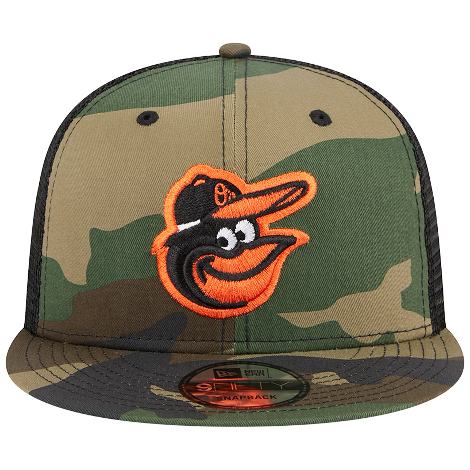 Casquette New Era Camo Baltimore Orioles Woodland Camo Trucker 9FIFTY Snapback pour homme
