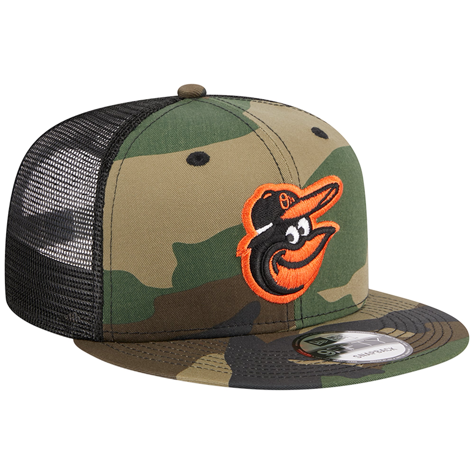 Casquette New Era Camo Baltimore Orioles Woodland Camo Trucker 9FIFTY Snapback pour homme