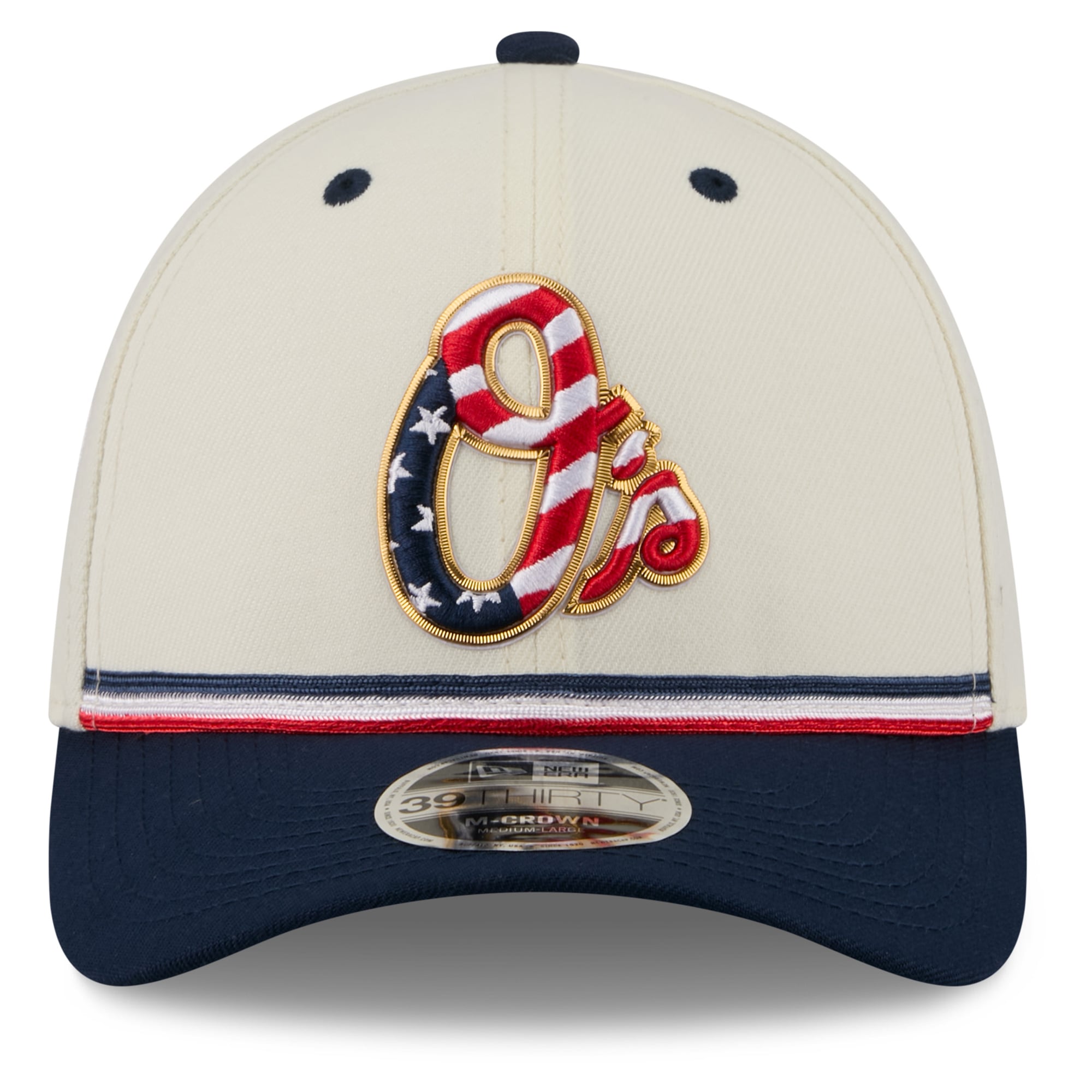 Men's New Era Cream/Navy Baltimore Orioles USA 250 Fourth of July 39THIRTY M-Crown Flex Hat