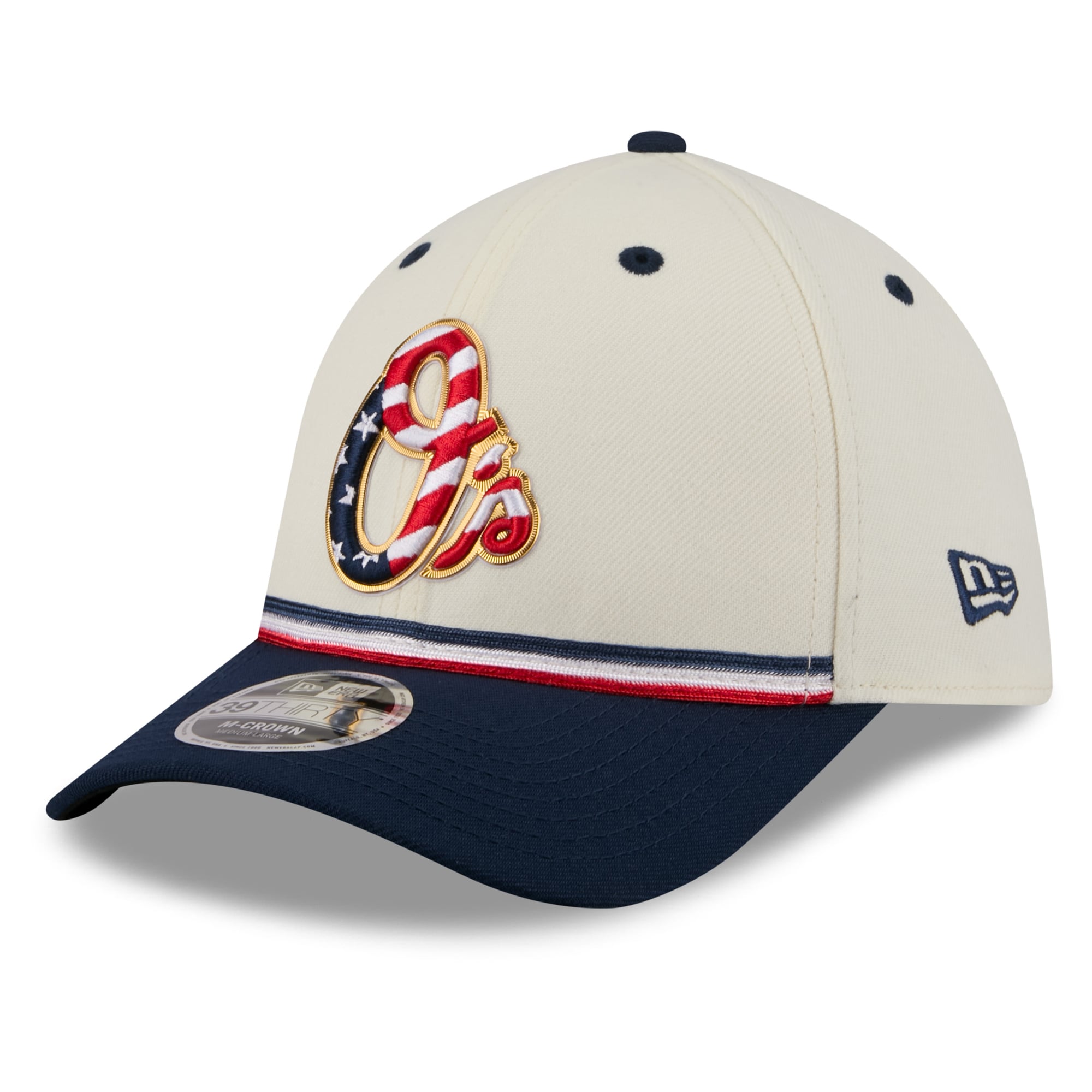 Men's New Era Cream/Navy Baltimore Orioles USA 250 Fourth of July 39THIRTY M-Crown Flex Hat