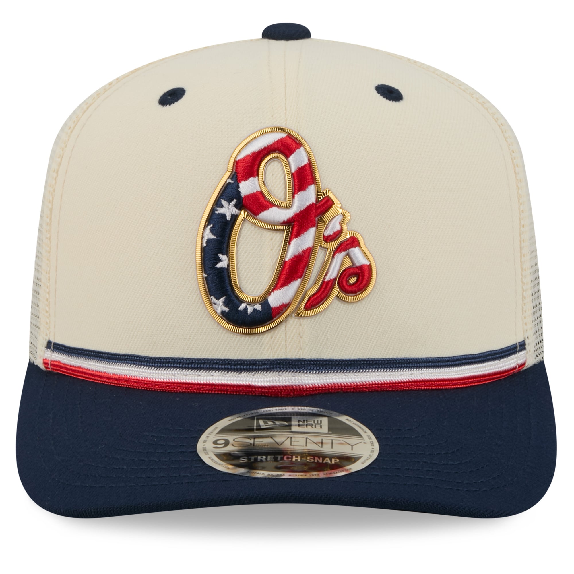 Men's New Era Cream/Navy Baltimore Orioles USA 250 Fourth of July 9SEVENTY Adjustable Trucker Hat