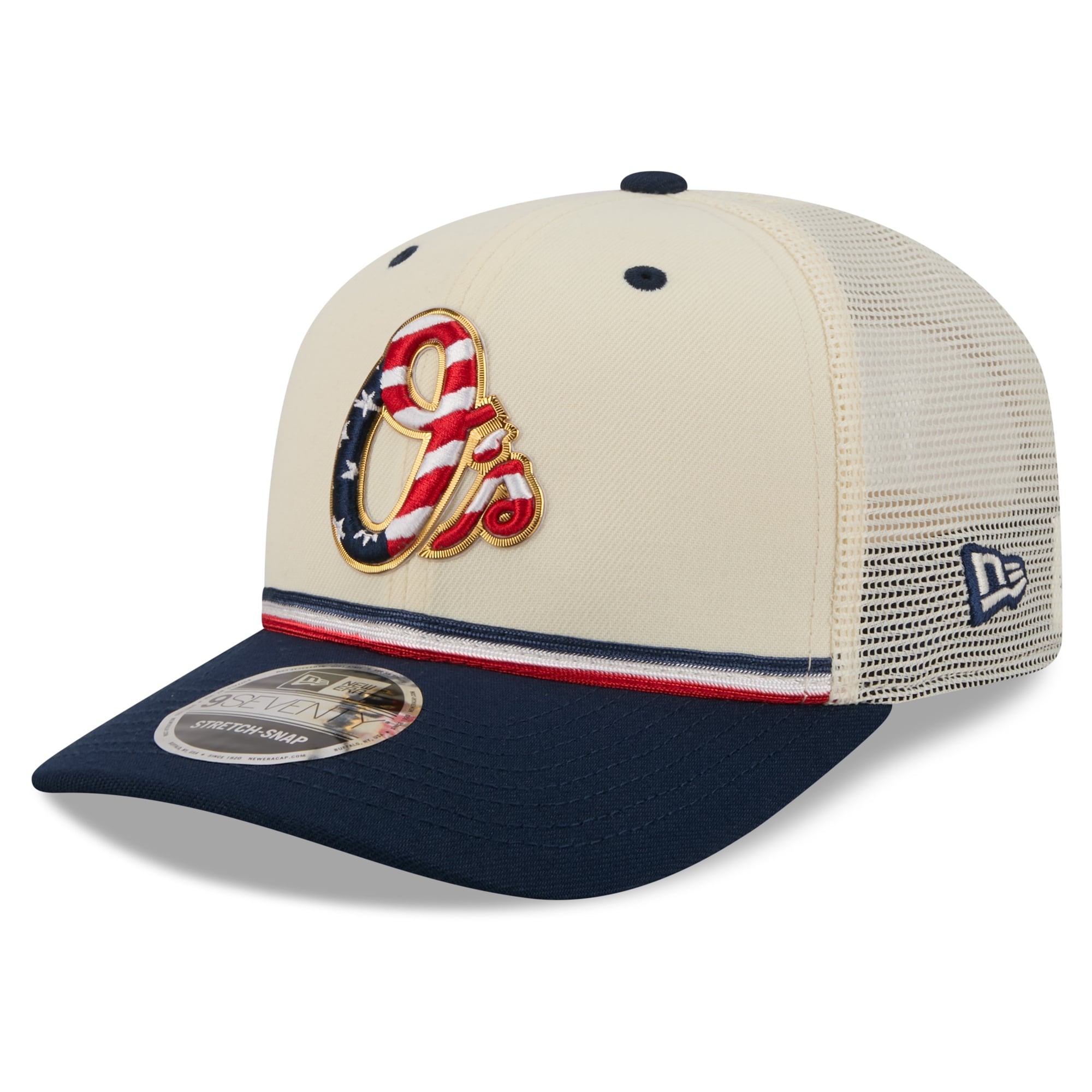 Men's New Era Cream/Navy Baltimore Orioles USA 250 Fourth of July 9SEVENTY Adjustable Trucker Hat