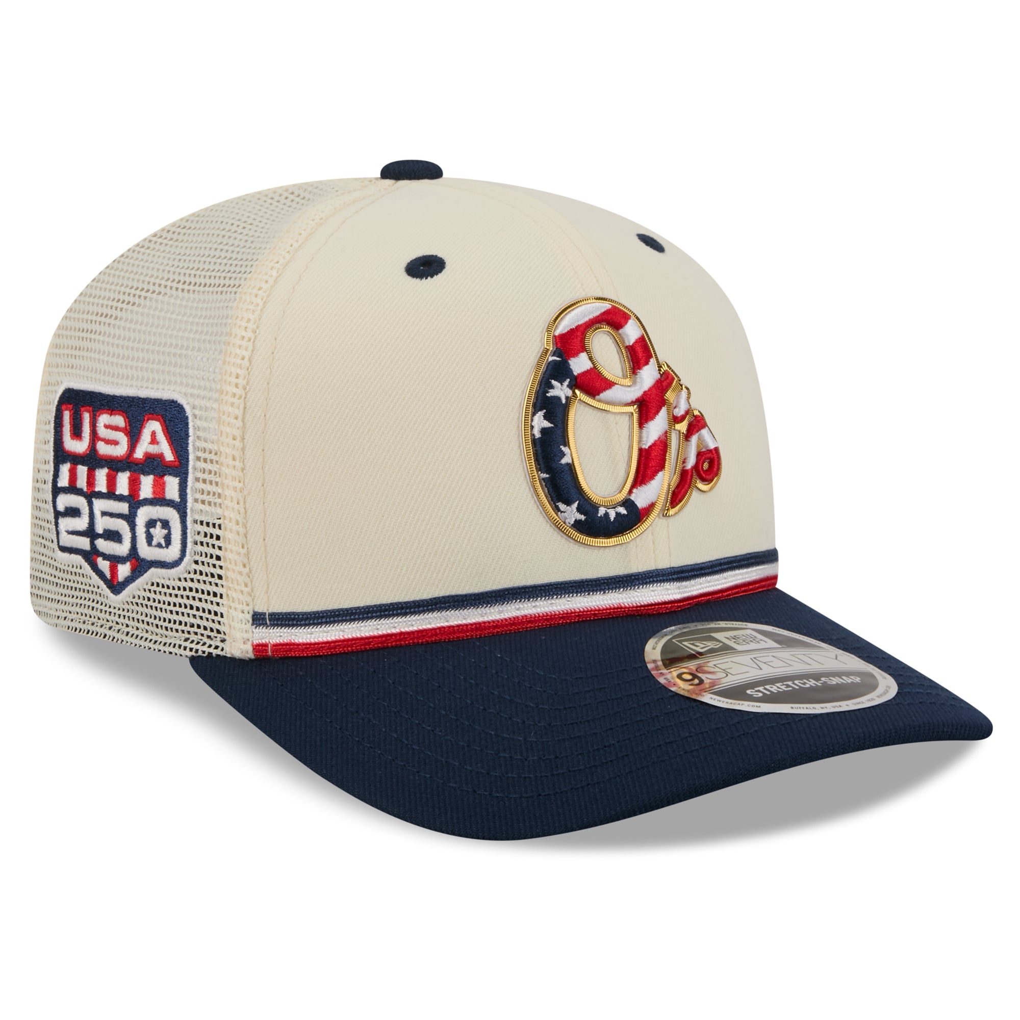 Men's New Era Cream/Navy Baltimore Orioles USA 250 Fourth of July 9SEVENTY Adjustable Trucker Hat