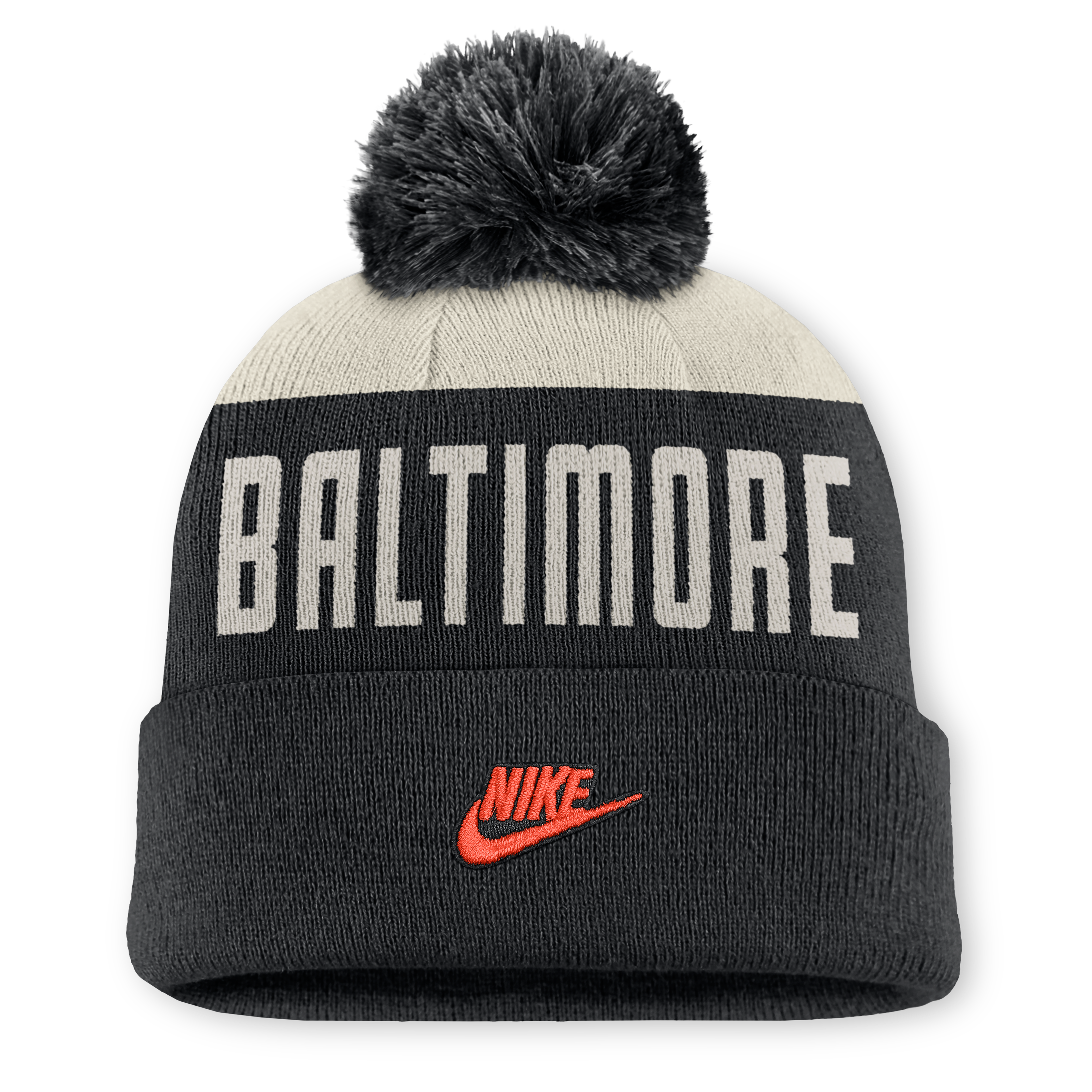 Bonnet Nike Peak Standard à revers et pompon, blanc et noir, Baltimore Orioles, pour homme