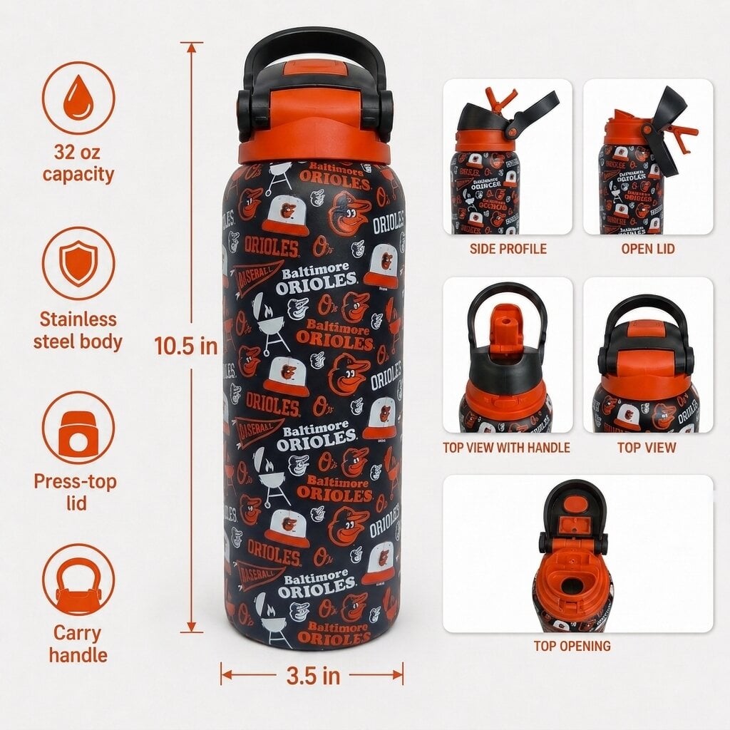 Pegasus Baltimore Orioles 32oz. Game Day Pennant Stainless Steel ProPress Water Bottle