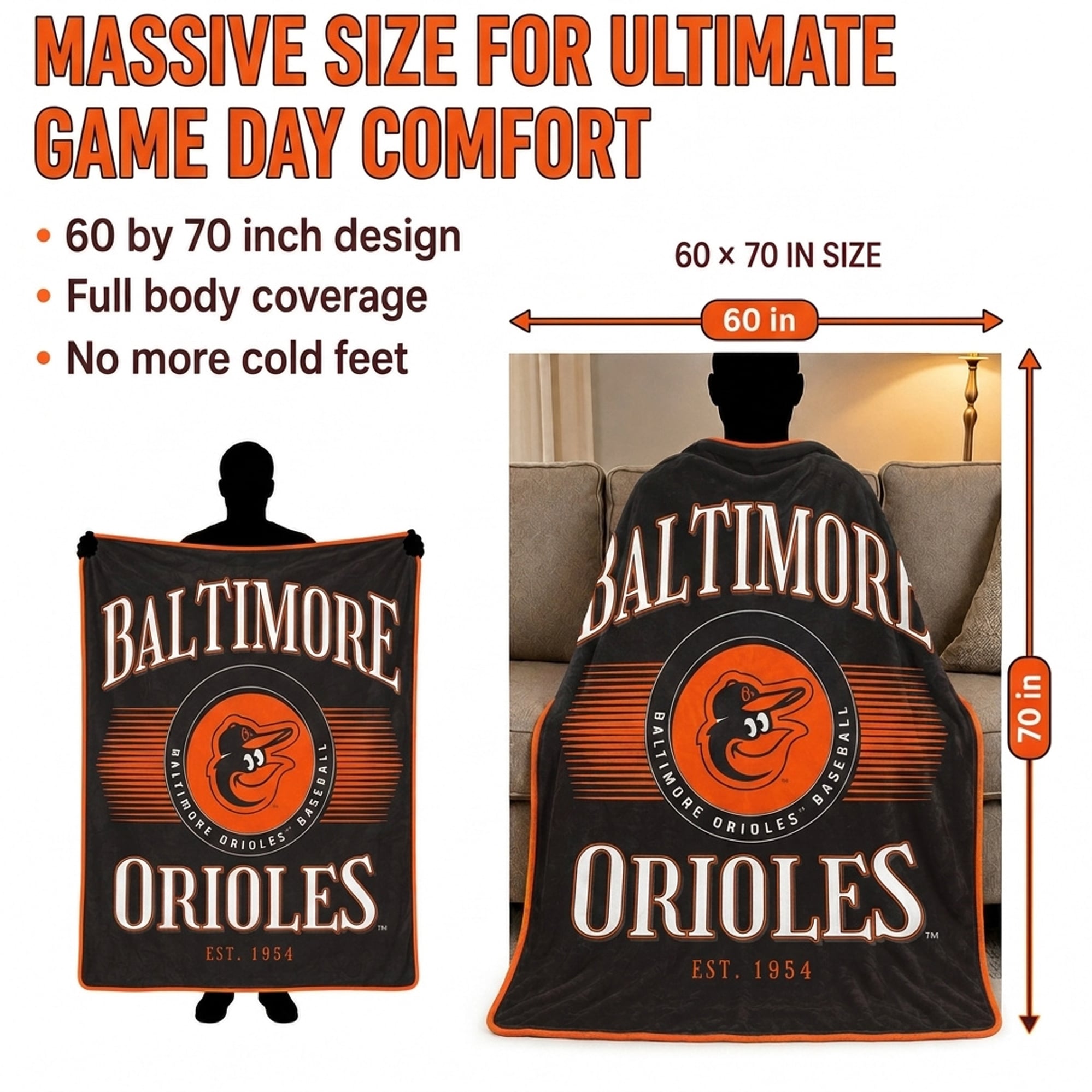 Couverture Pegasus Baltimore Orioles Spotlight Arch 60" x 70" ultra douce