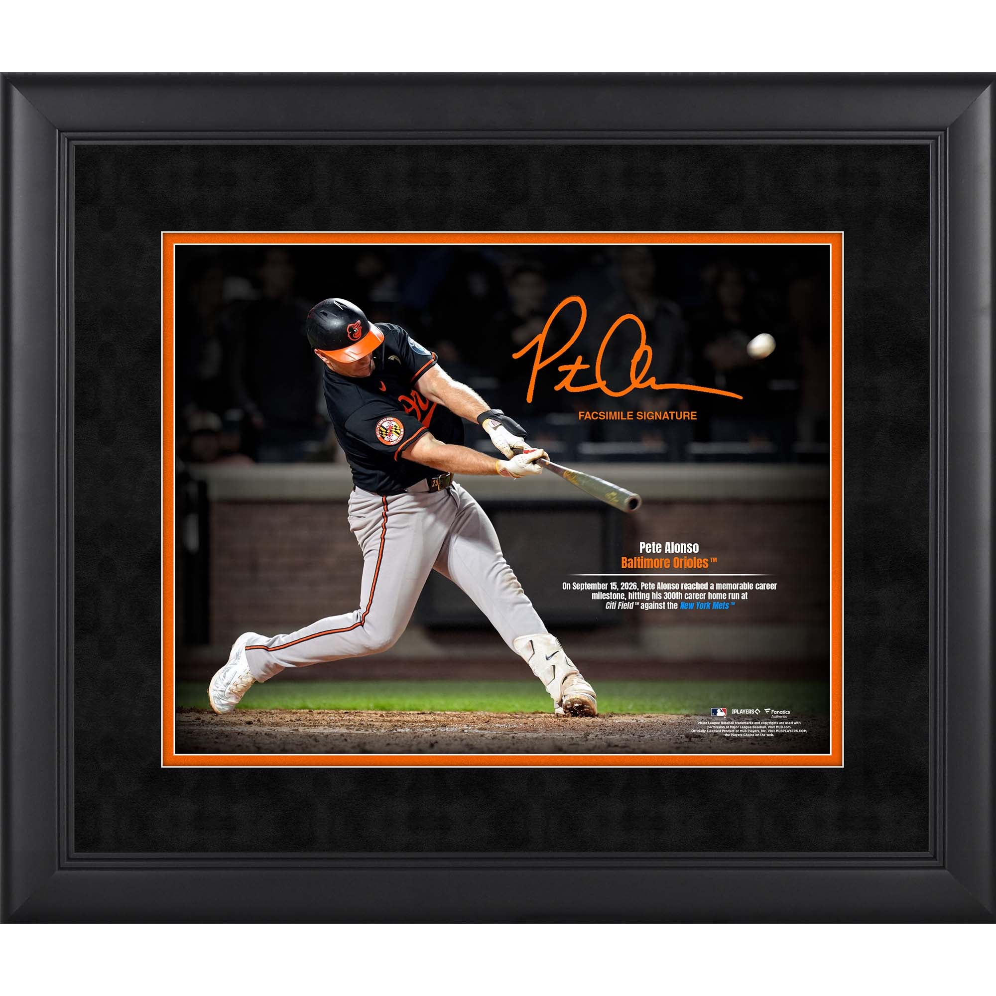 Photo encadrée (11 x 14 pouces) de Pete Alonso, joueur des Orioles de Baltimore, commémorant son 300e coup de circuit en carrière.