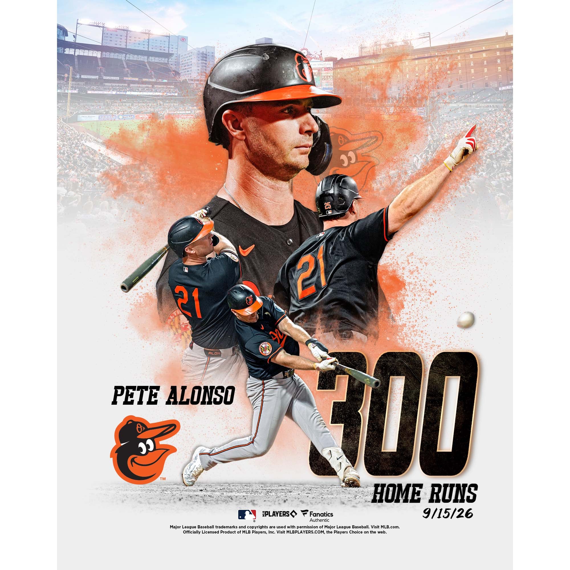 Photo de Pete Alonso, Orioles Baltimore, 300e coup circuit en carrière (collage non signé)