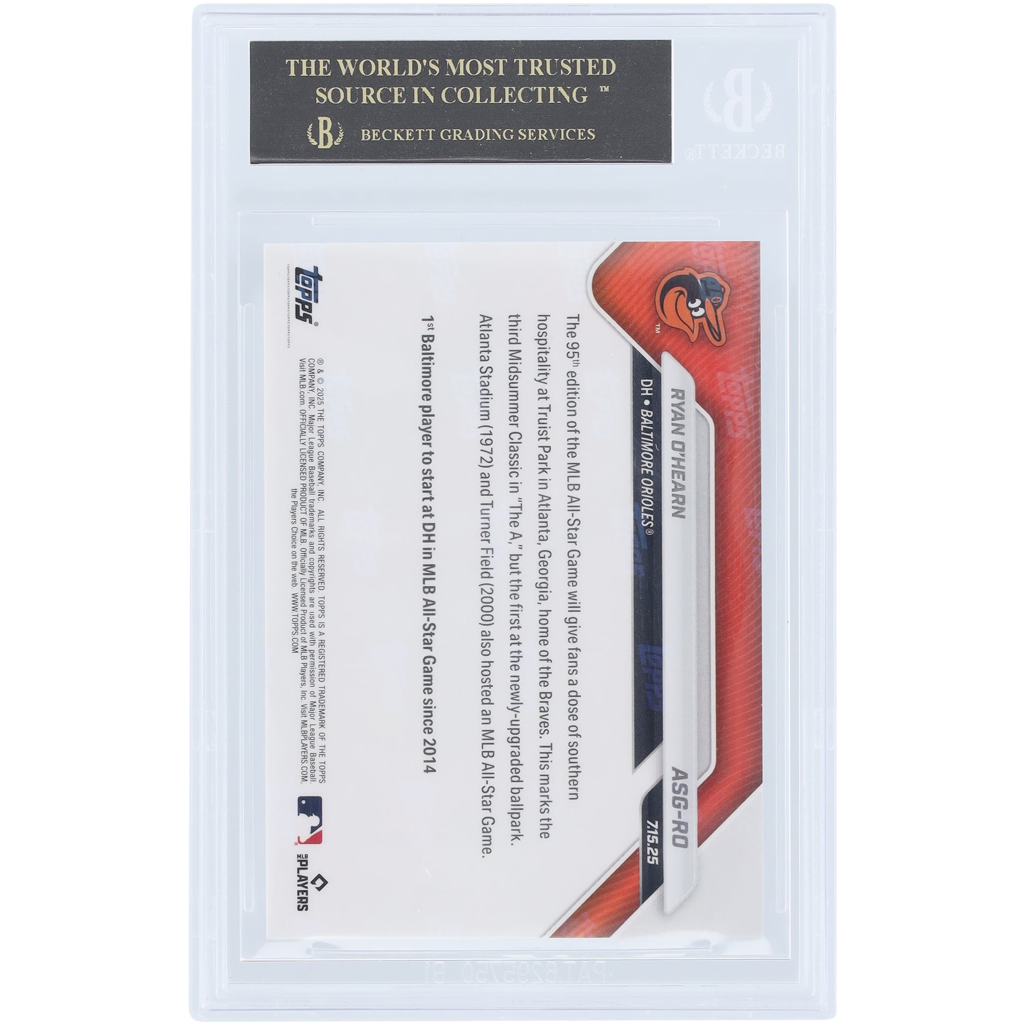 Ryan O'Hearn Baltimore Orioles 2025 Topps Now 2025 MLB All-Star Game Selection - AL Black Label #ASG-RO BGS Authenticated 10 Card - 10,10,10,10 Subgrades