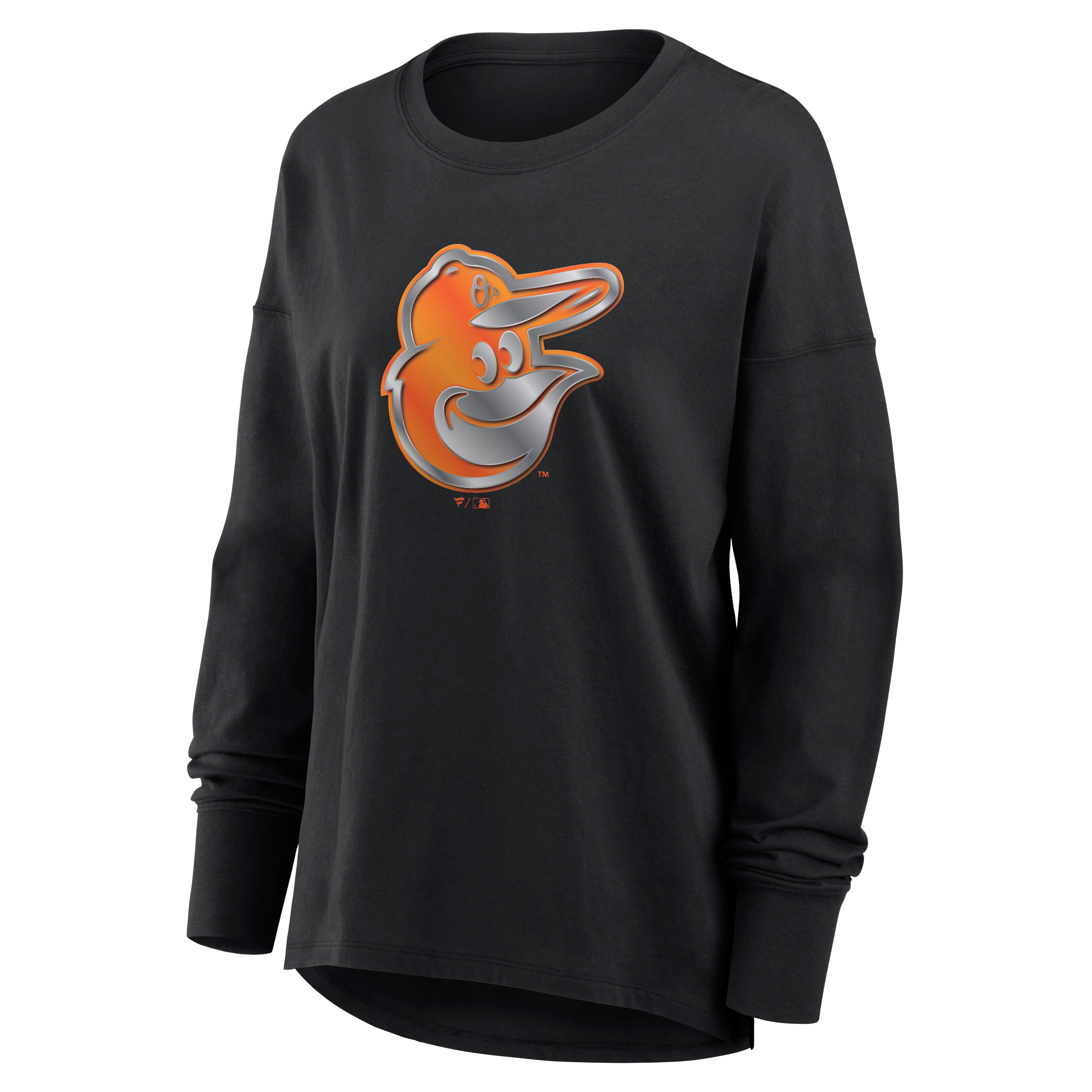 T-shirt à manches longues noir pour femmes avec mascotte métallique des Orioles de Baltimore