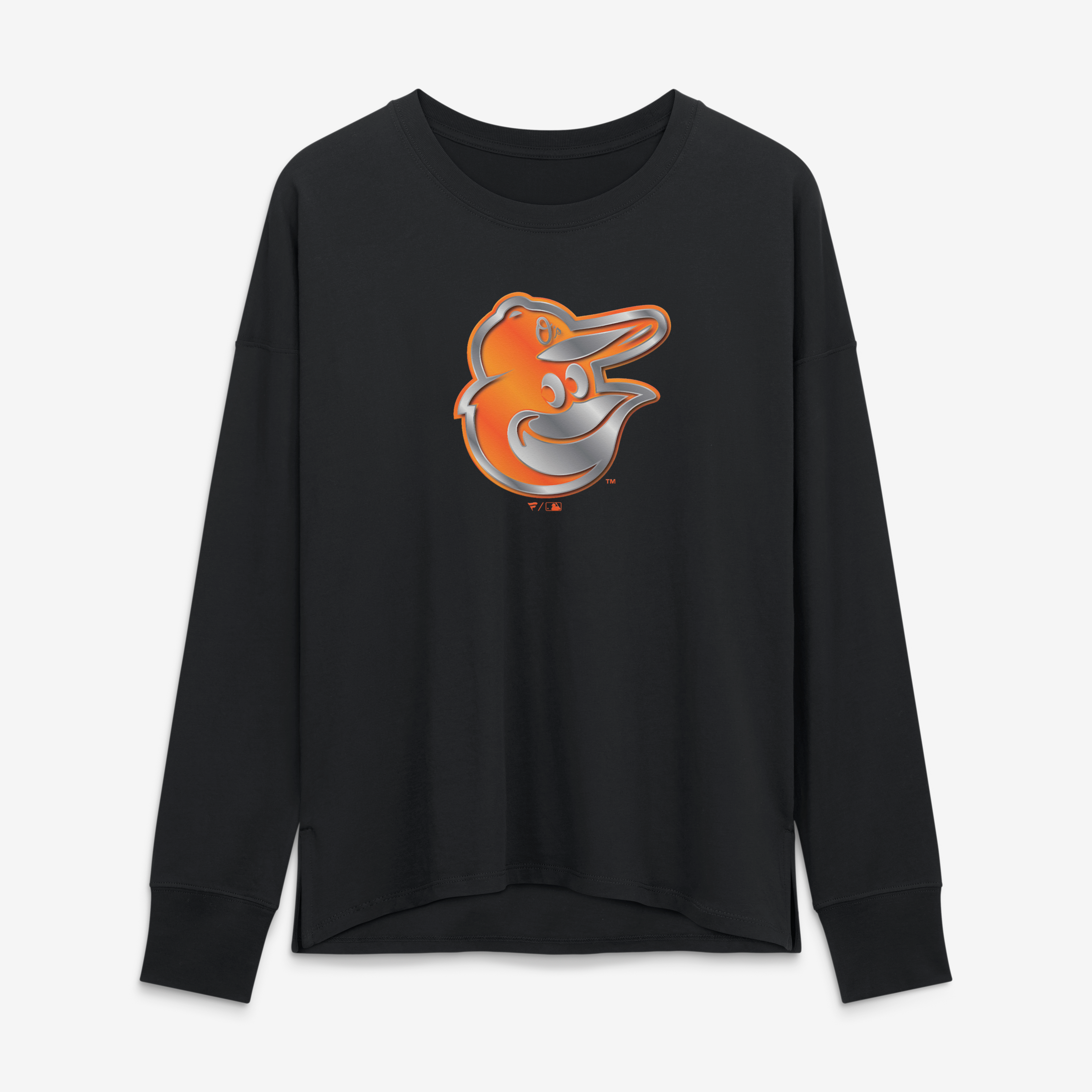 T-shirt à manches longues noir pour femmes avec mascotte métallique des Orioles de Baltimore