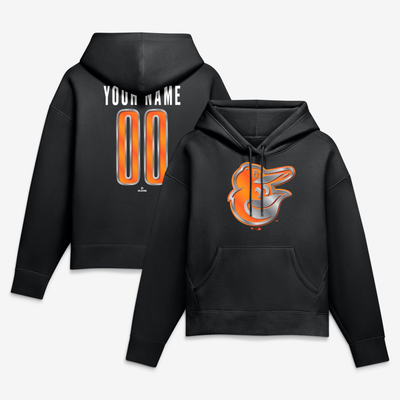 Baltimore Orioles Women's Metallic Mascot Personalized Name & Number Hoodie - Black