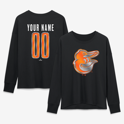 Baltimore Orioles Women's Metallic Mascot Personalized Name & Number Long Sleeve T-Shirt - Black