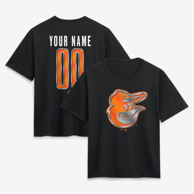 Baltimore Orioles Women's Metallic Mascot Personalized Name & Number T-Shirt - Black