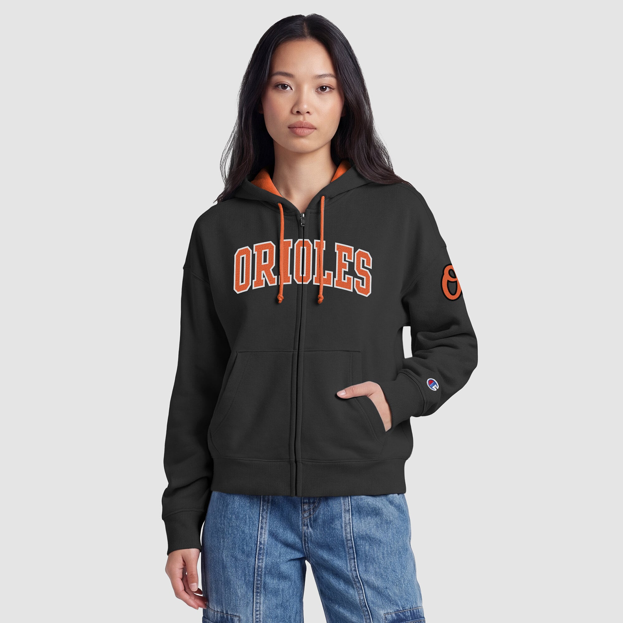 Sweat à capuche zippé en polaire noir Champion Baltimore Orioles pour femme