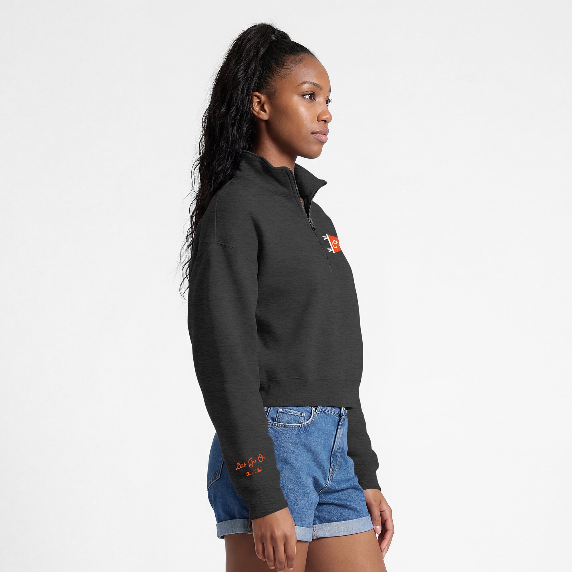 Pull court à col zippé Champion Triumph Tri-Blend en polaire noire Baltimore Orioles pour femme