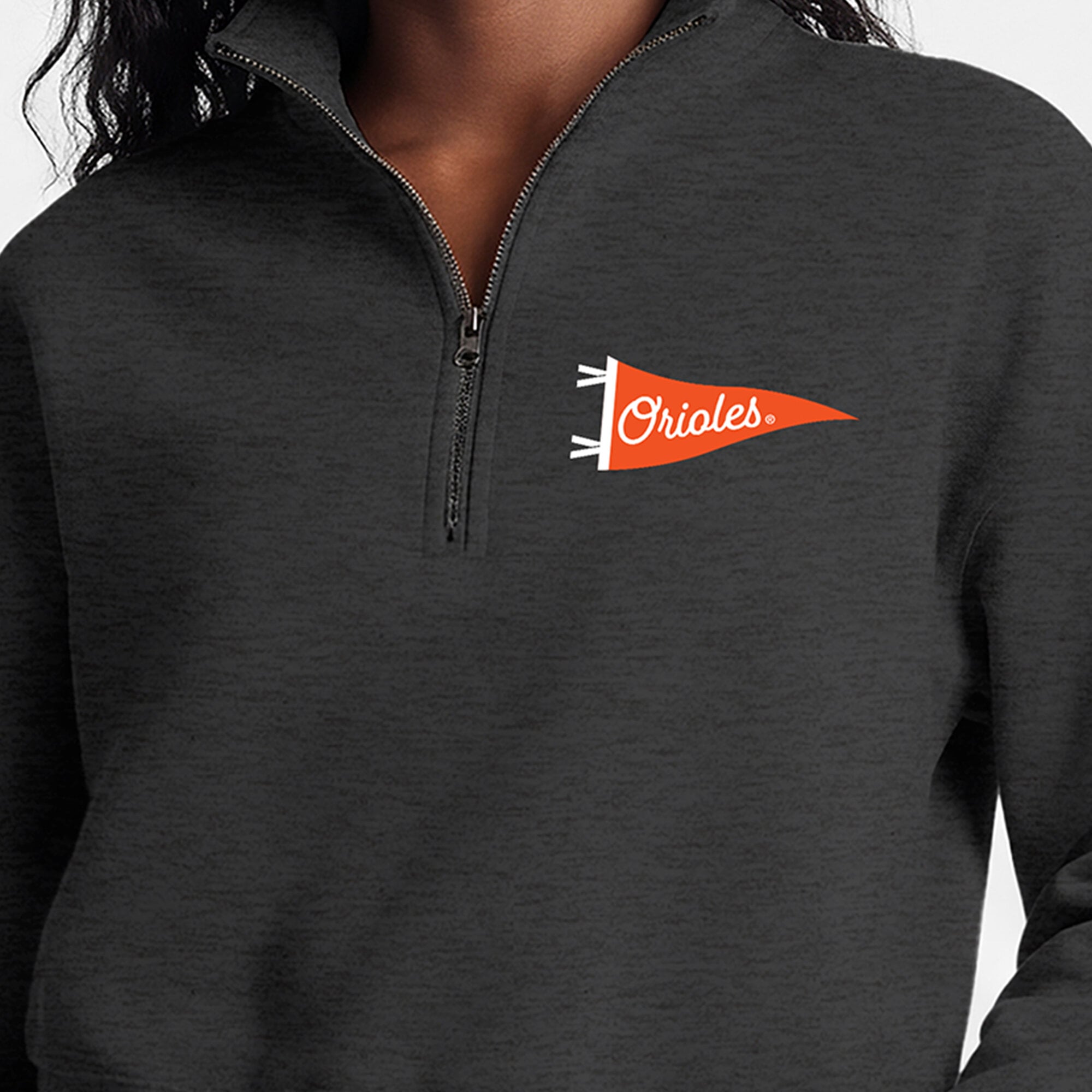 Pull court à col zippé Champion Triumph Tri-Blend en polaire noire Baltimore Orioles pour femme