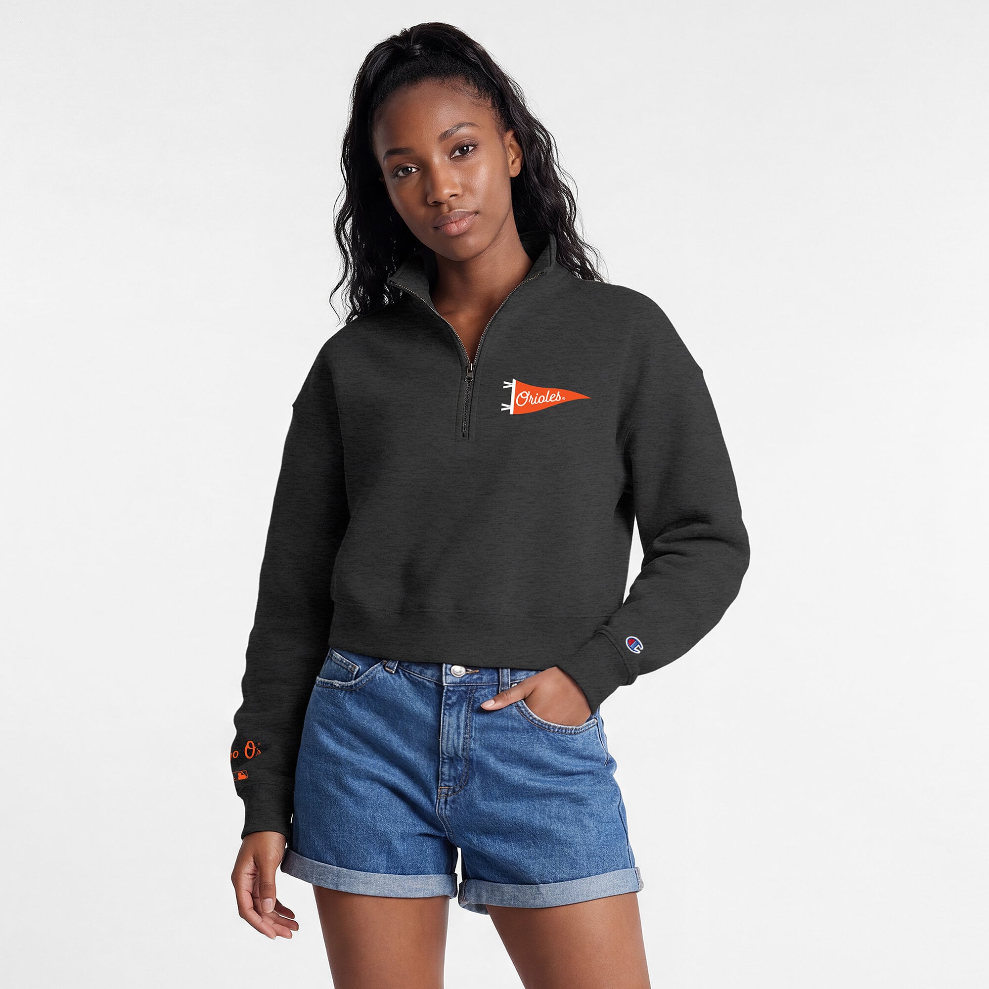 Pull court à col zippé Champion Triumph Tri-Blend en polaire noire Baltimore Orioles pour femme