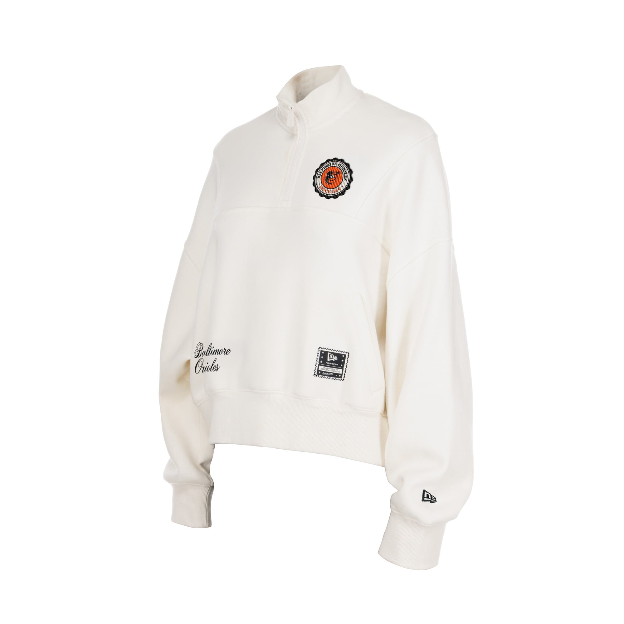 Pull polaire New Era pour femme, beige clair, Baltimore Orioles, couleur Dune Dust, fermeture éclair au quart