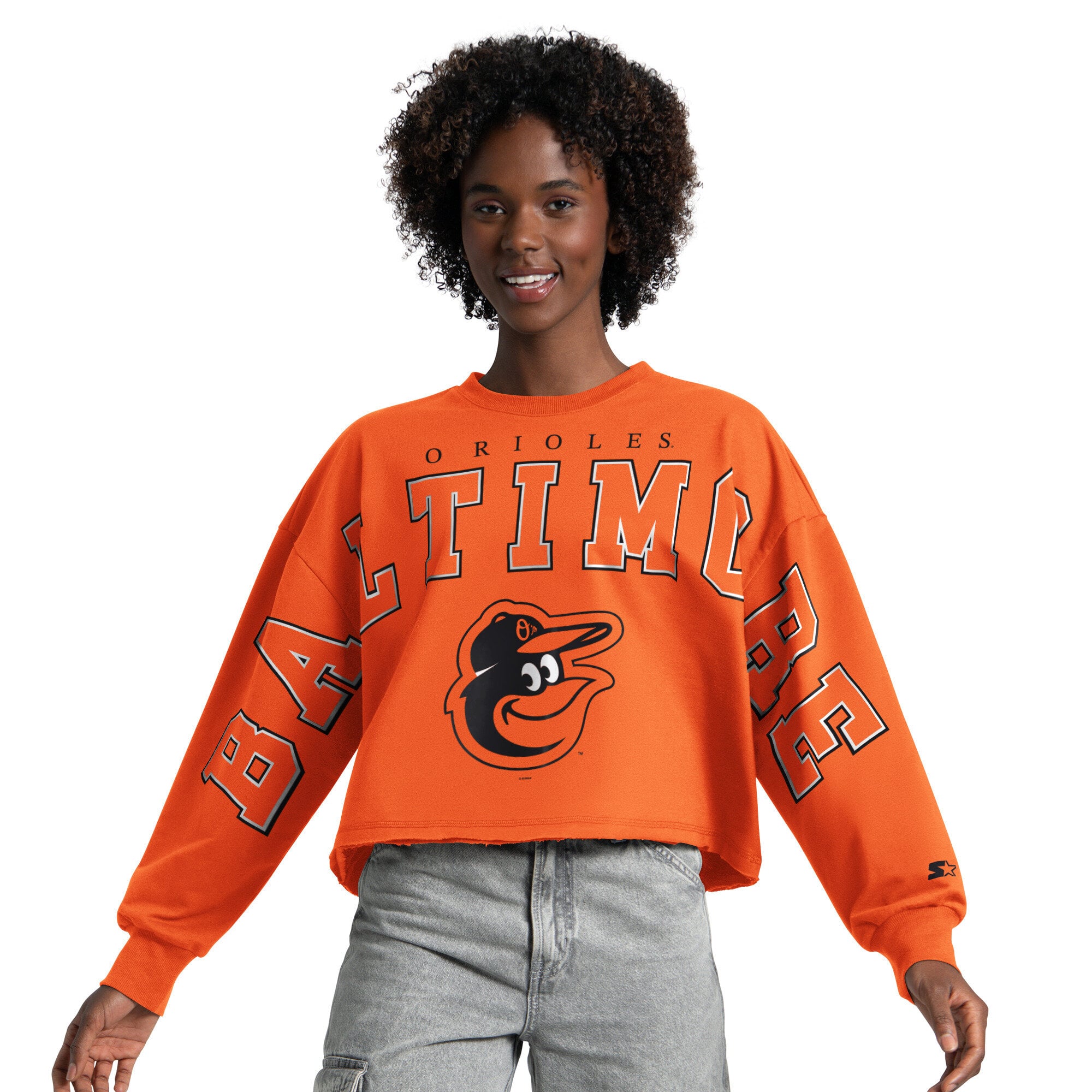 Sweat-shirt court à col rond Starter Orange Baltimore Orioles Bleachers II pour femme