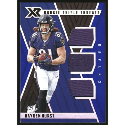 2018 Panini XR Rookie Triple Threats Materials Blue #8 Hayden Hurst