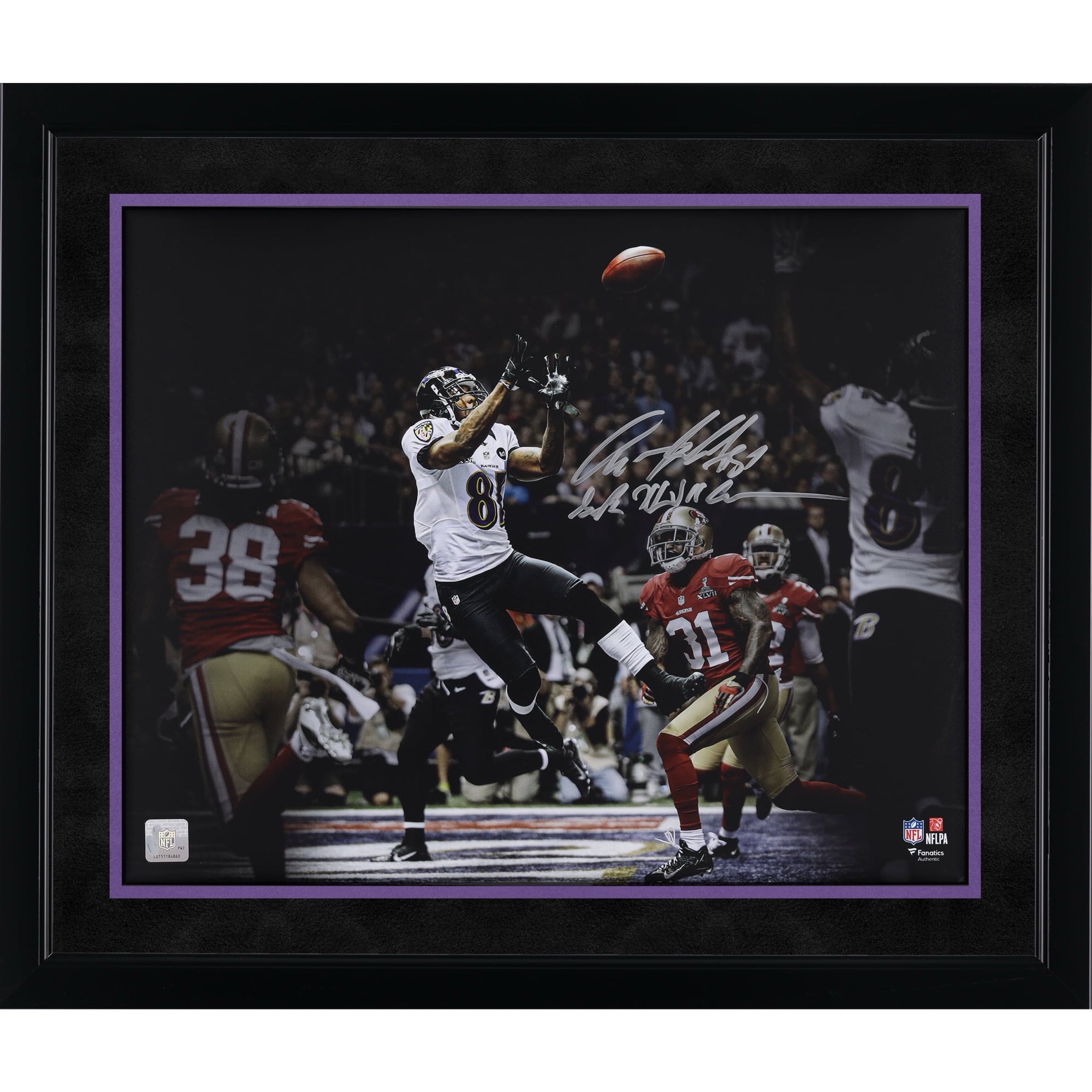 Anquan Boldin Baltimore Ravens Autographed 16" x 20" Super Bowl XLVII Touchdown Catch Spotlight Photograph with "SB XLVII Champs" Inscription