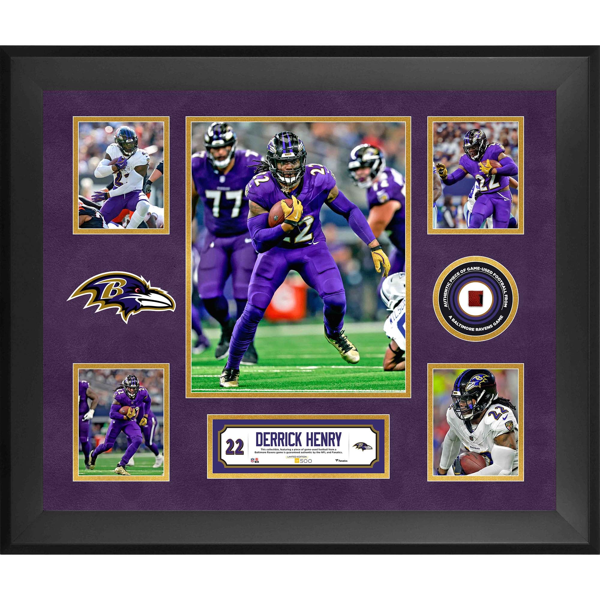Collage encadré de 5 photos de Derrick Henry (Baltimore Ravens) 20" x 24" avec un morceau de ballon de football utilisé en match - Édition limitée à 500 exemplaires