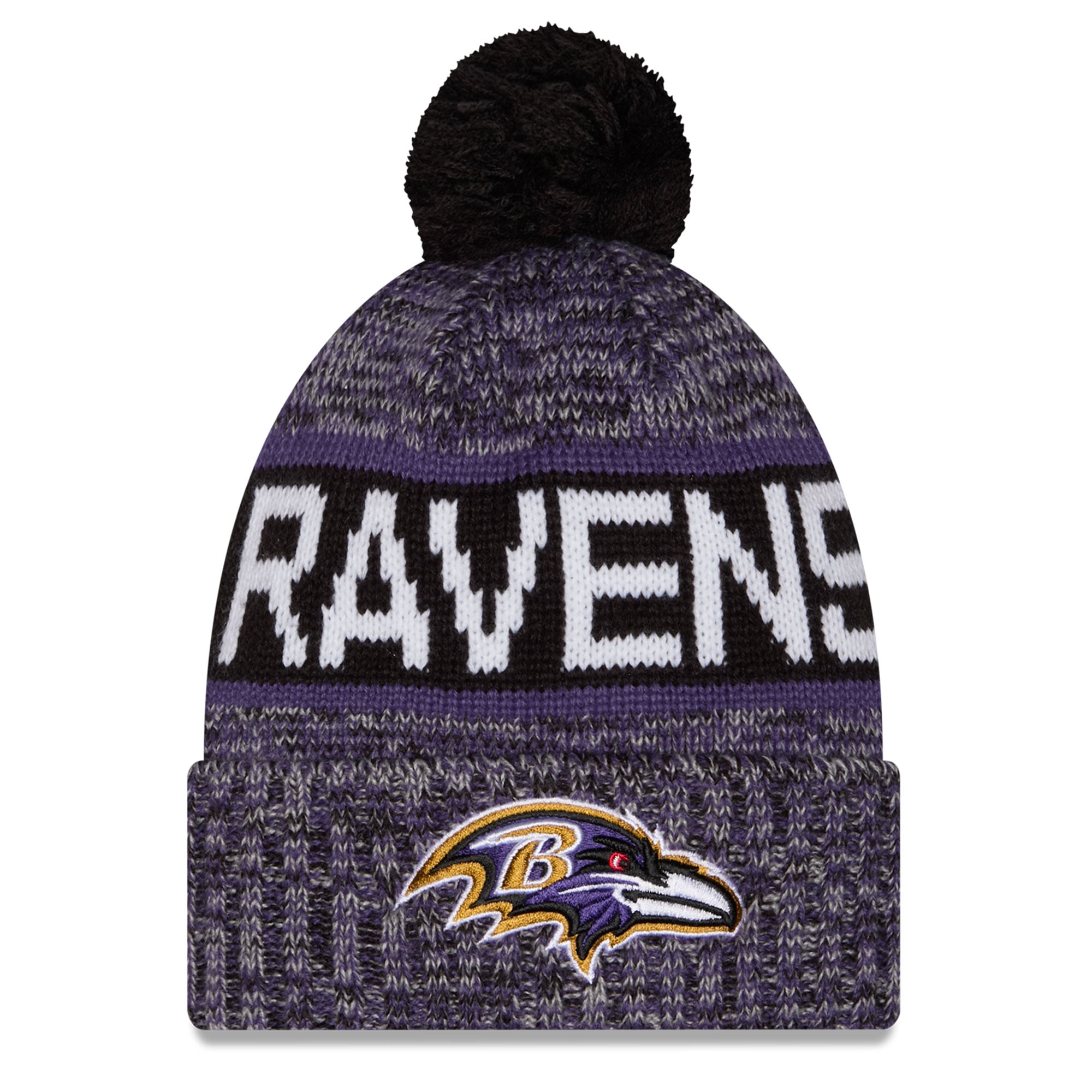 Bonnet à revers tricolore noir Baltimore Ravens pour fille, New Era, avec pompon