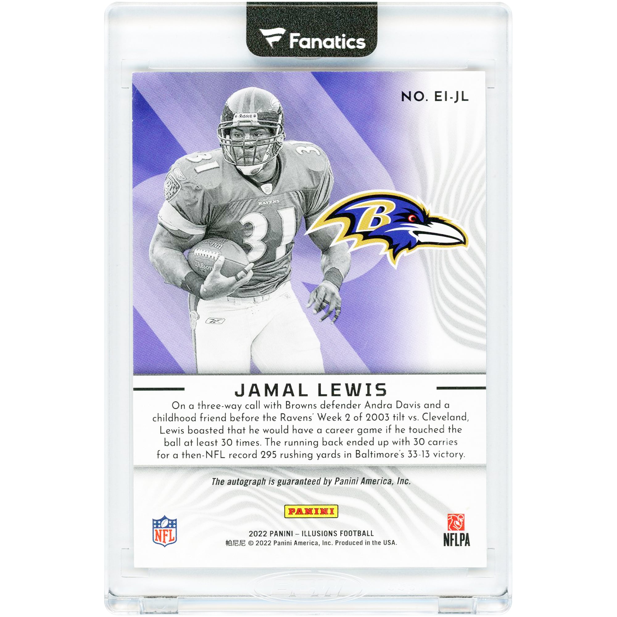 Jamal Lewis Baltimore Ravens Autographed 2022 Panini Illusions Elusive Ink #EI-JL #68/149 Card