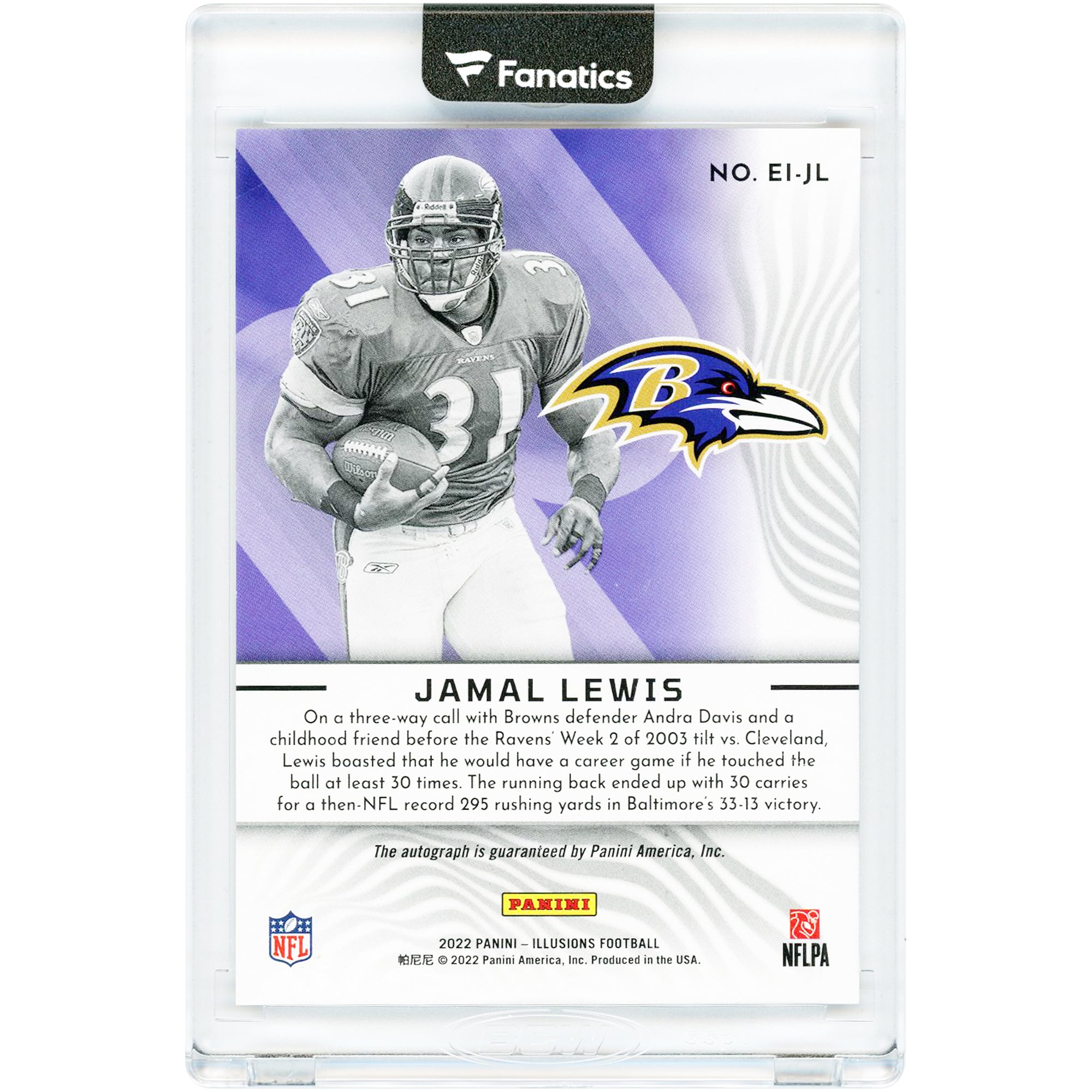 Jamal Lewis Baltimore Ravens Autographed 2022 Panini Illusions Elusive Ink Red #EI-JL #71/99 Card
