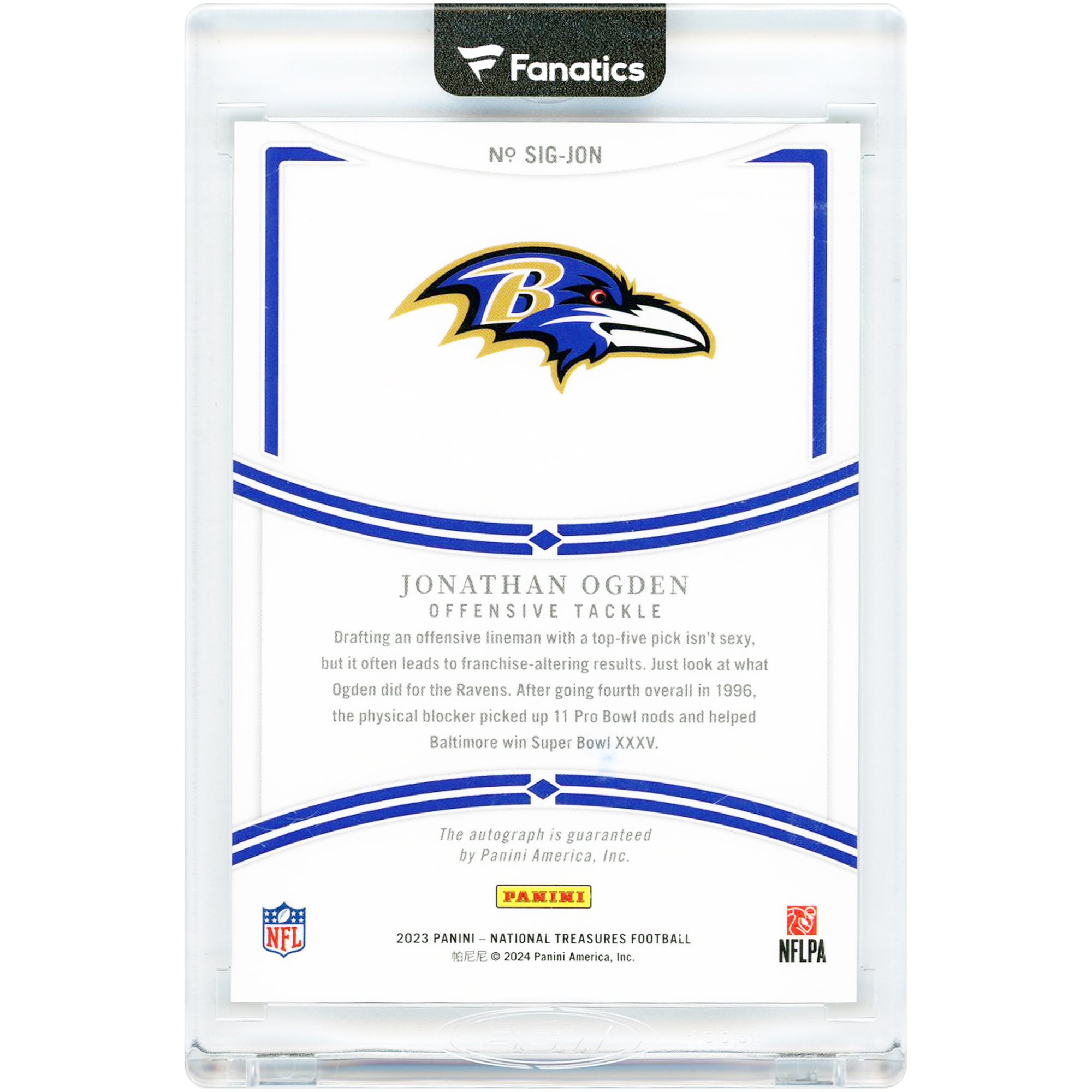 Jonathan Ogden Baltimore Ravens Autographed 2023 Panini National Treasures Holo Silver Signatures #SIG-JON #3/25 Card