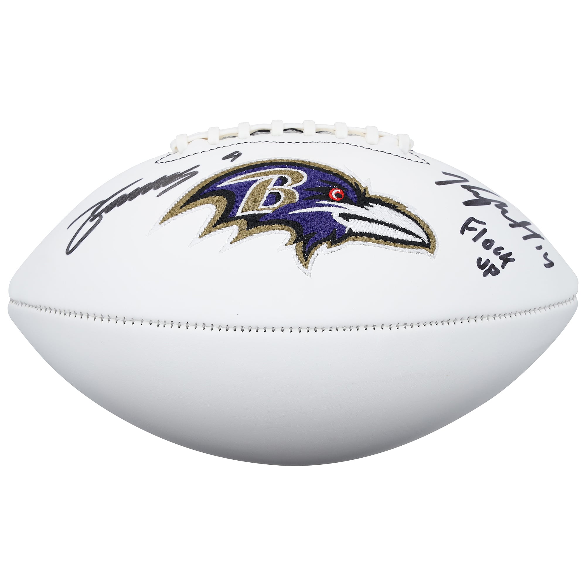 Ballon de football américain Franklin White Panel autographié par Kyle Hamilton et Zay Flowers des Ravens de Baltimore, avec inscription « Flock Up ».