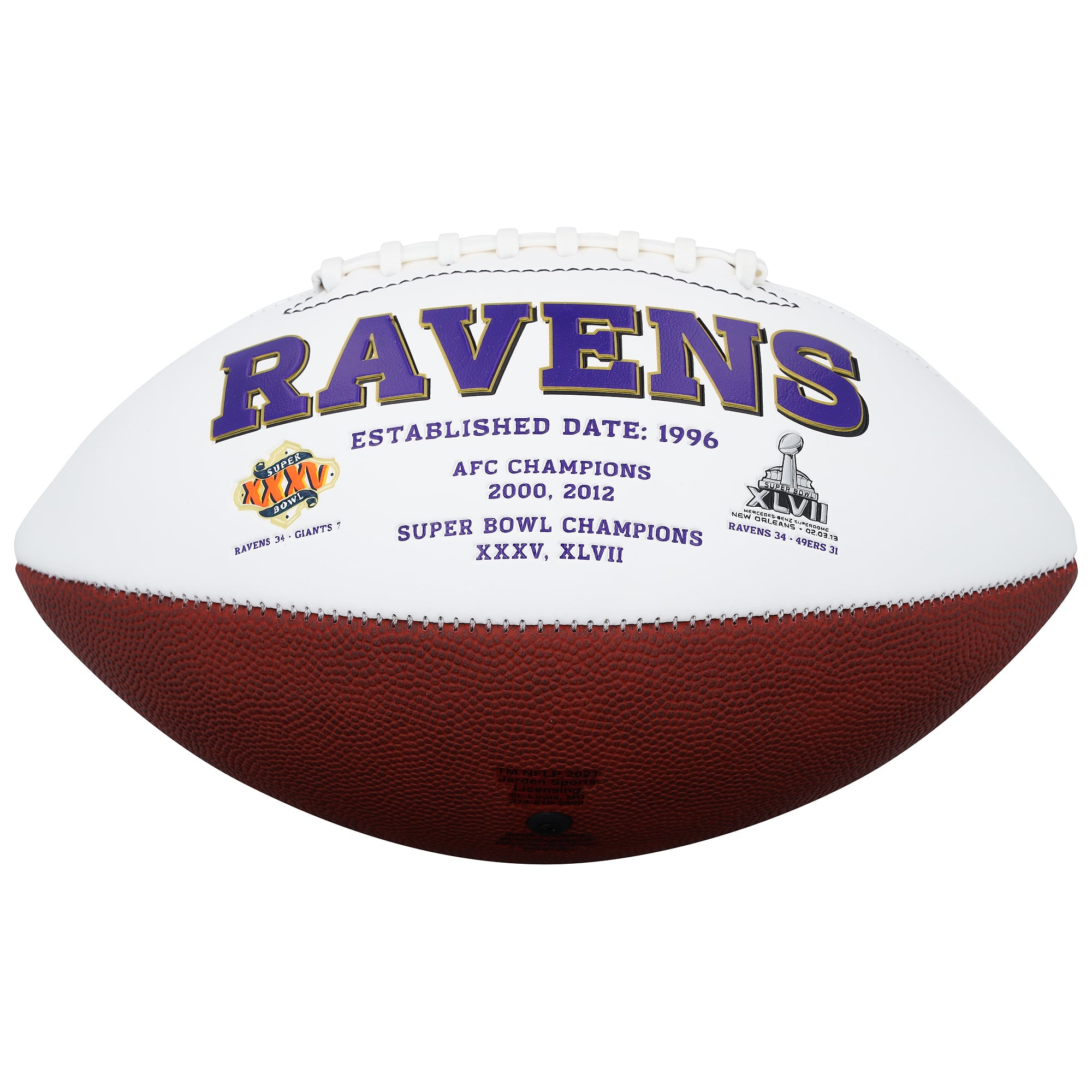 Ballon de football américain Franklin White Panel autographié par Kyle Hamilton et Zay Flowers des Ravens de Baltimore, avec inscription « Flock Up ».