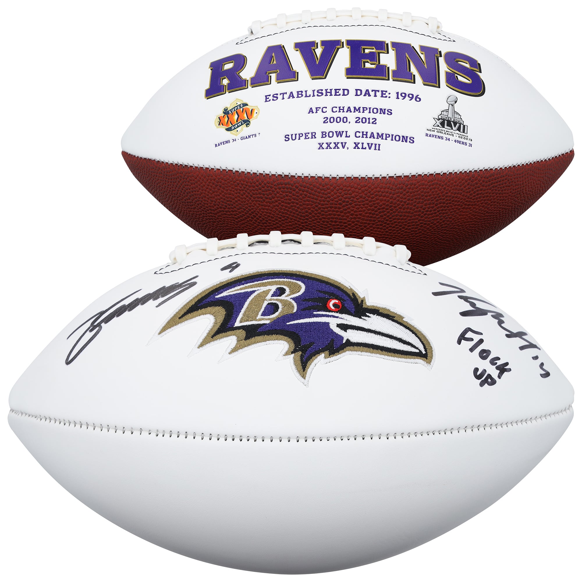 Ballon de football américain Franklin White Panel autographié par Kyle Hamilton et Zay Flowers des Ravens de Baltimore, avec inscription « Flock Up ».