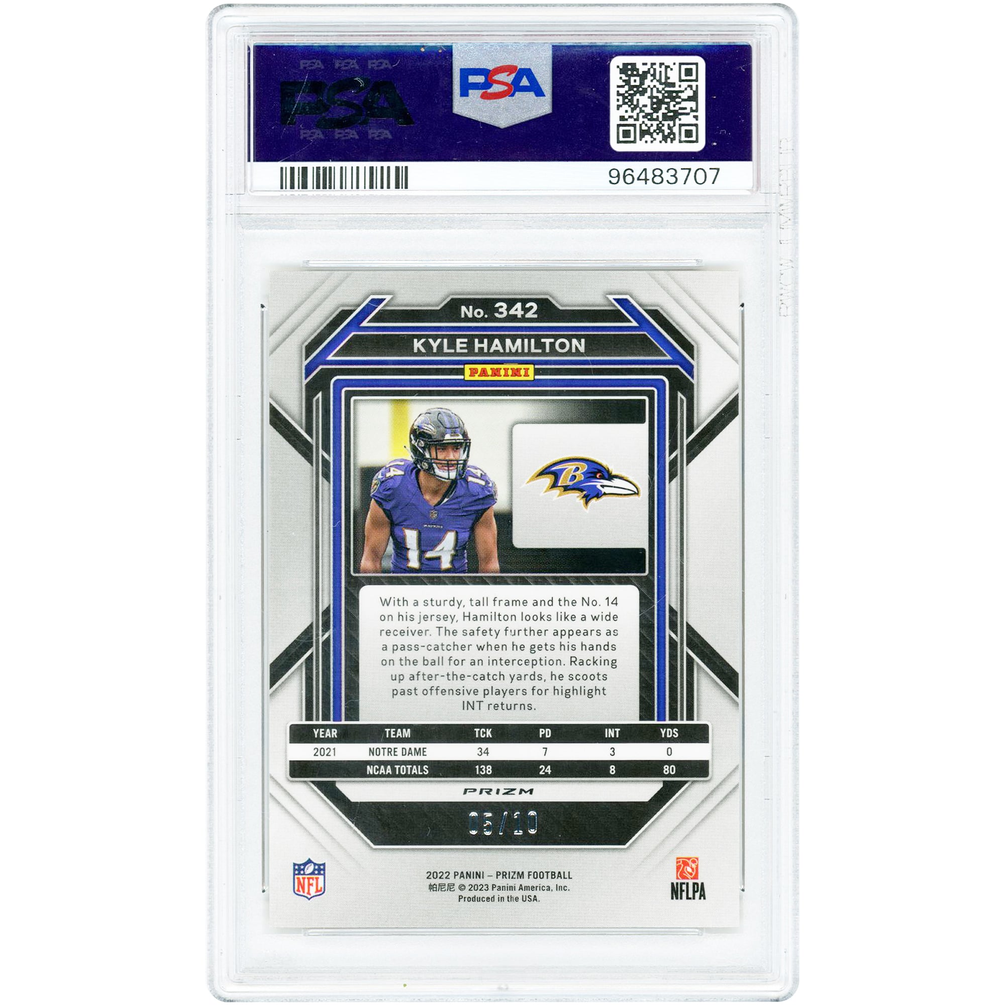 Kyle Hamilton Baltimore Ravens 2022 Panini Prizm Gold Prizm #342 #5/10 PSA Authenticated 10 Rookie Card